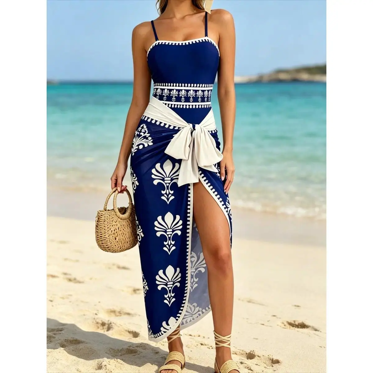 Women’s 2026 Navy Blue Ornate Print 2-Piece Bikini Swimwear Set - Spaghetti Strap Bathing Suit with Matching High-Waist Sarong Wrap Cover-Up, Tropical Resort Beach Vacation Outfit