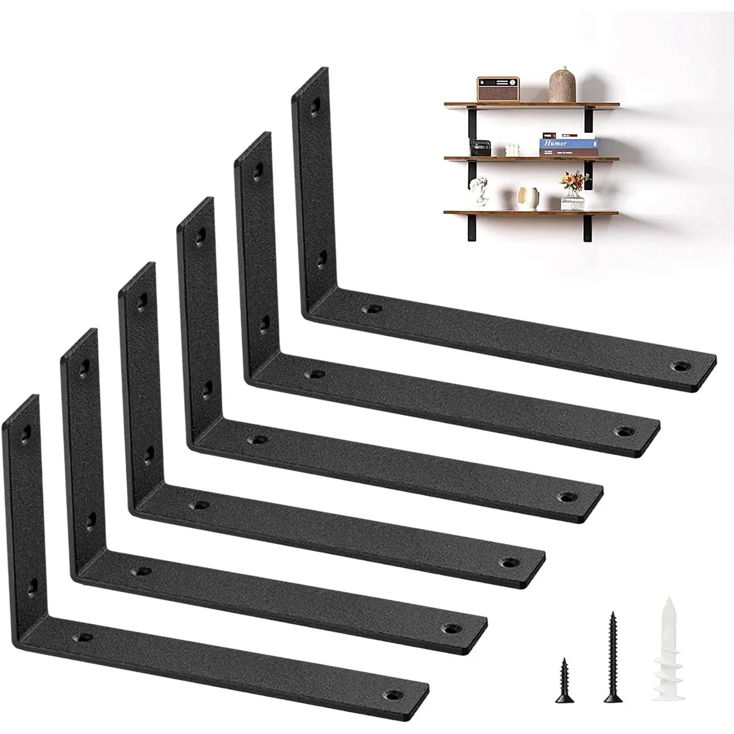 Metal Brackets for Floating Shelves, 6-Pack 10in 5mm Thick Heavy-Duty Black Bracket Mount, Durable Wall-Mounting Support for Wood with Screws