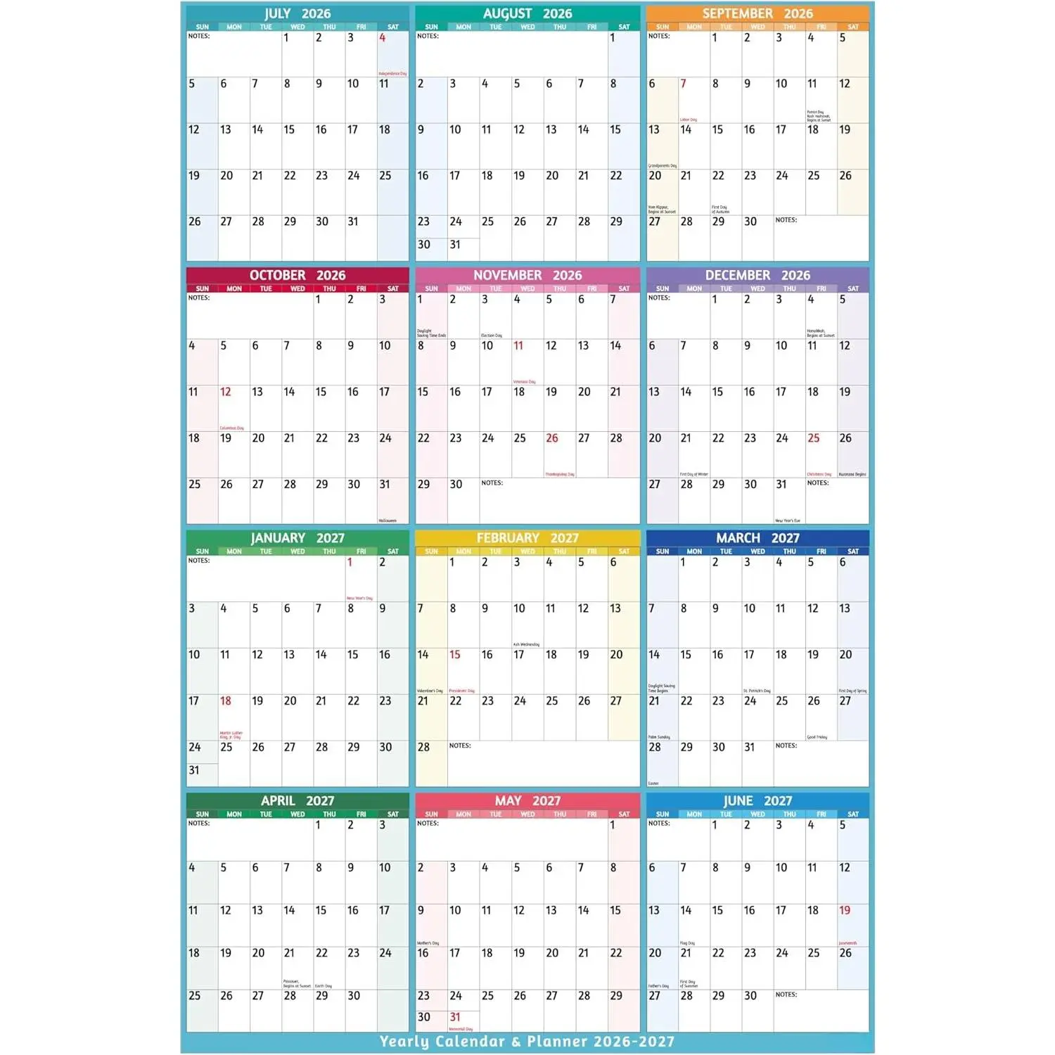 Yearly Wall Calendar 2026-2027 - Large Yearly Calendar Vertical, Jul 2026 - Jun 2027, 25.2" x 38.2" (Open), Calendar 2026-2027, Large Wall Calendar, Full Year Paper Calendar with Notes, Thicker Paper