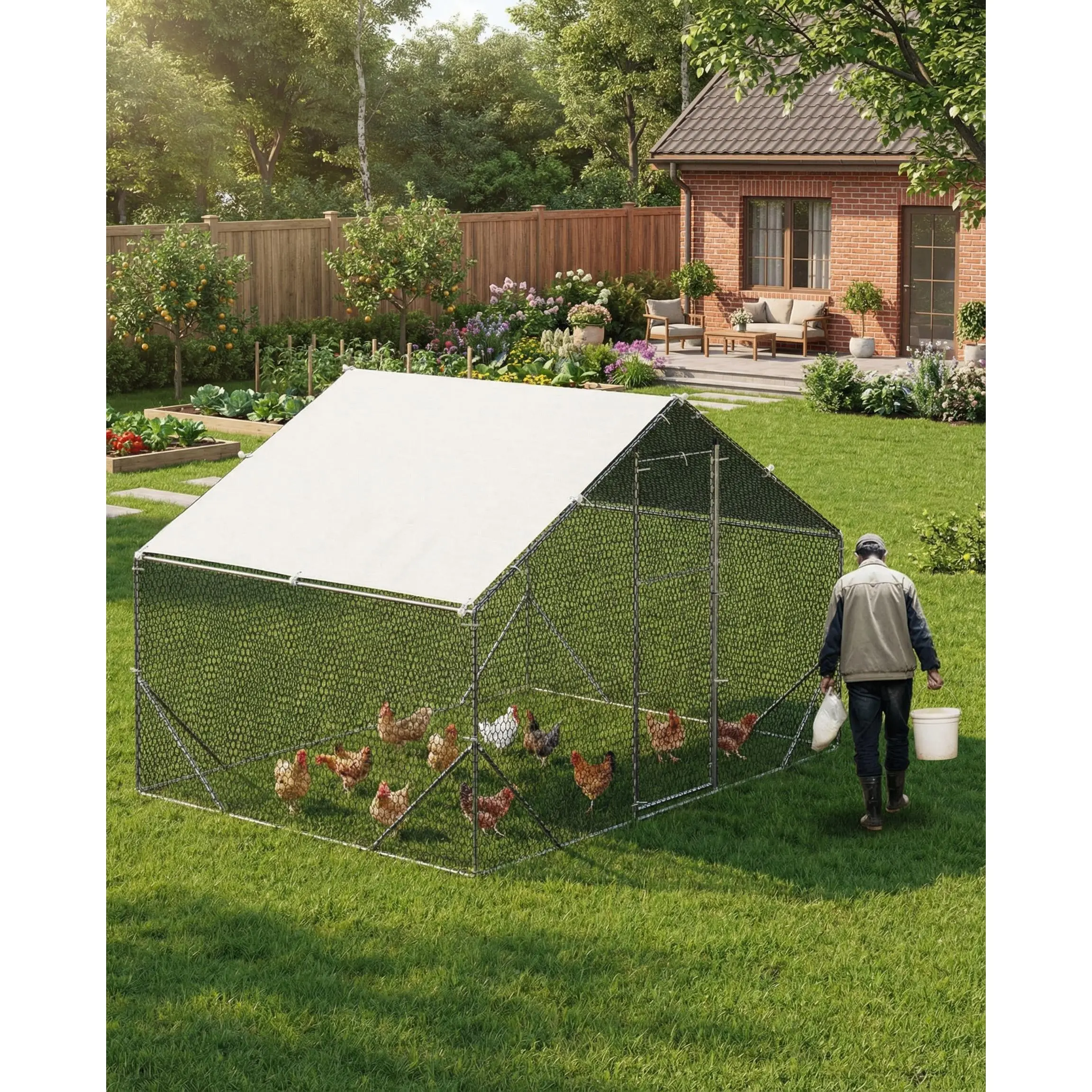 Large Walk-In Chicken Coop Run, Heavy Duty Galvanized Steel Animal Enclosure for Chickens Ducks Rabbits Dogs, 6.6ft High with Waterproof PE Roof Cover, Predator Proof Mesh, Tool-Free Assembly, Spacious Outdoor Pet Kennel & Poultry Pen