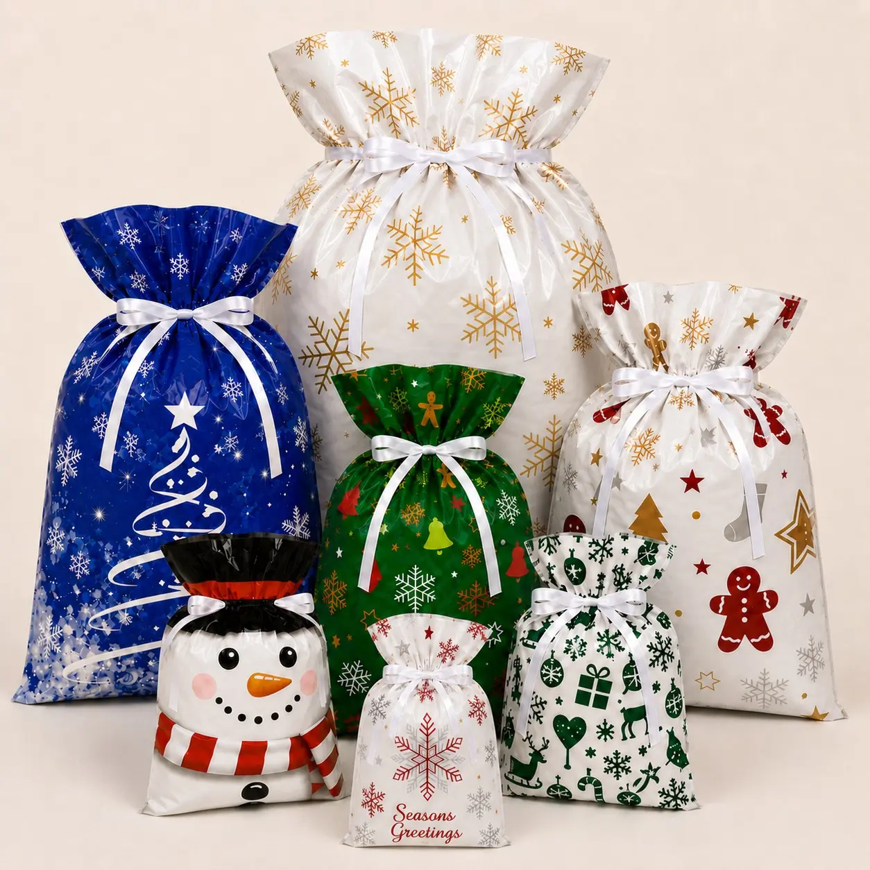 7 Piece Drawstring Gift Bags Set, Reusable Holiday Packaging, Includes Card, Perfect for Christmas, Birthday, Wedding, Party Candy, Jewelry