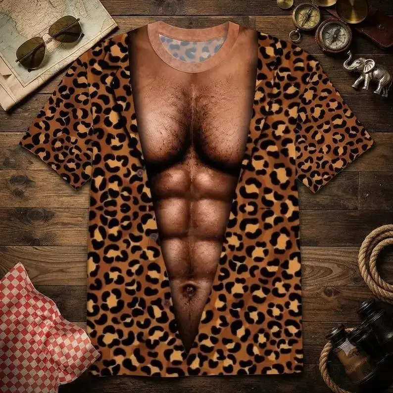 3D Fake Muscle Chest Graphic T-Shirt, Funny Costume Summer Tee, Novelty Party Outfit, Summer Vacation Travel Casual Top, Unique Gift for Husband, Beach Holiday Apparel for Men