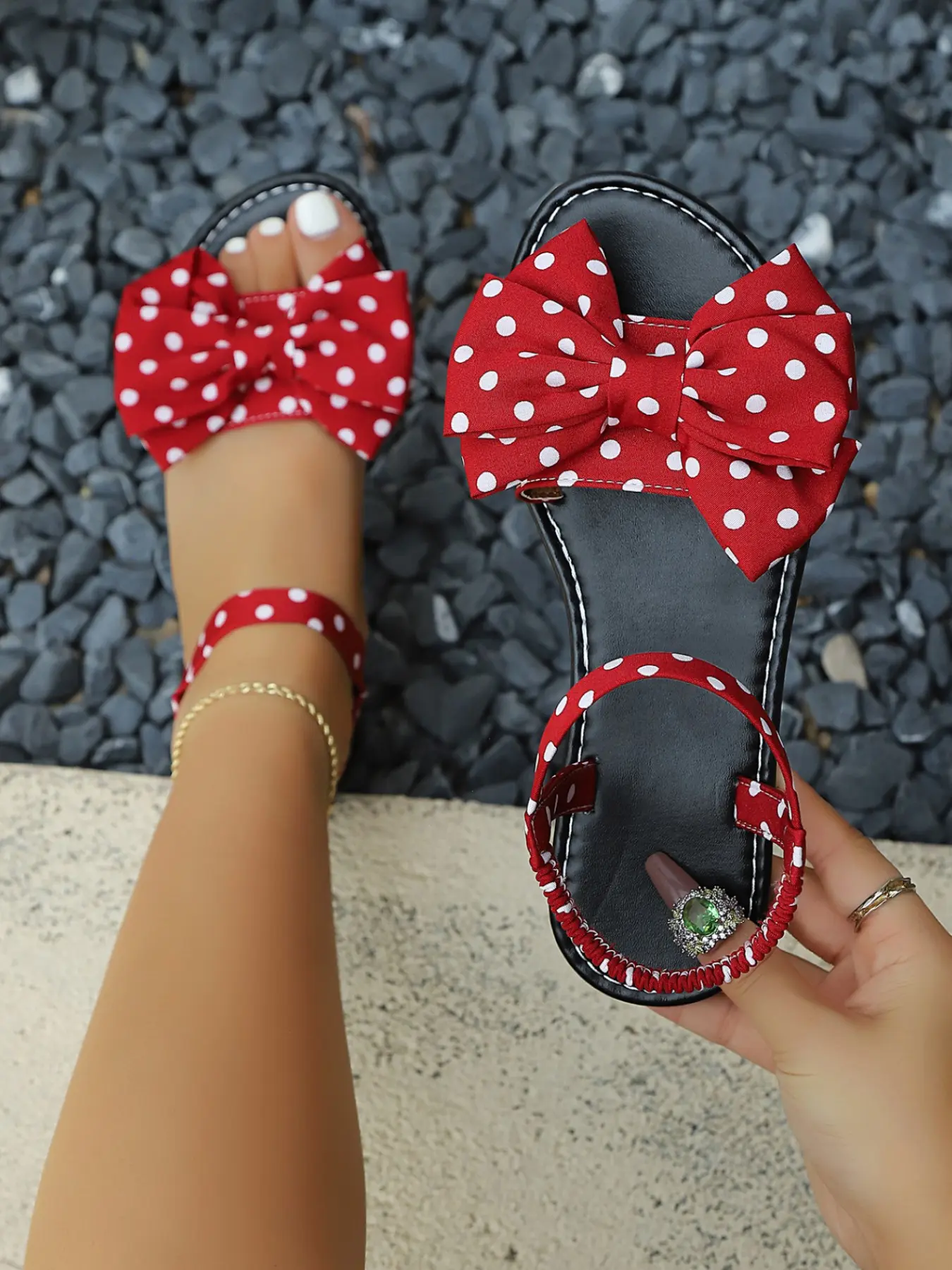 Women Polka Dot Bow Flat Sandals, Open Toe Ankle Strap Summer Sandals, Casual Beach Dress Sandals, Comfortable and Stylish Footwear, Cute Sandals