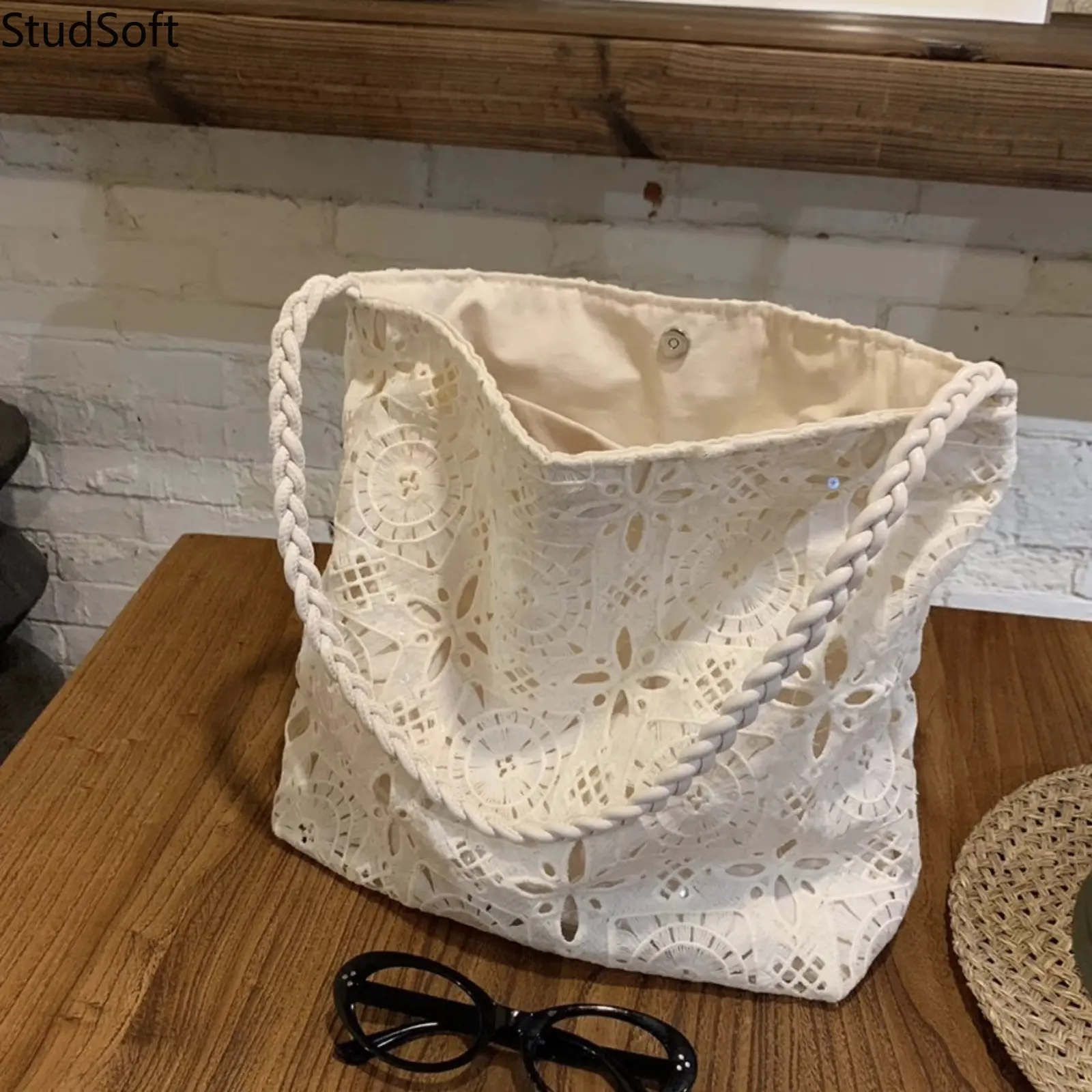 Women's Boho Lace Tote Bag, Large Capacity Hollow-Out Canvas Shoulder Bag with Braided Strap for Summer Beach Holidays, Hollow-Out Lace, Openwork Pattern, Bags For Women