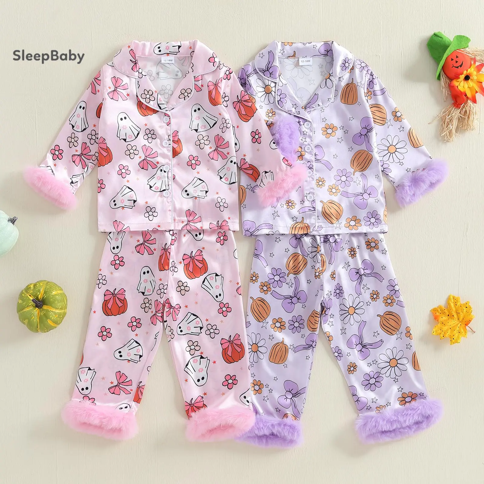 Halloween Cute Cartoon Ghost Pumpkin Print Kids Halloween Satin Pjs 2 Colors Pink Purple Fluffy Fur Cuff Lapel Long Sleeve Two Piece Toddler Girls Daily Holiday Matching Sleep Set
