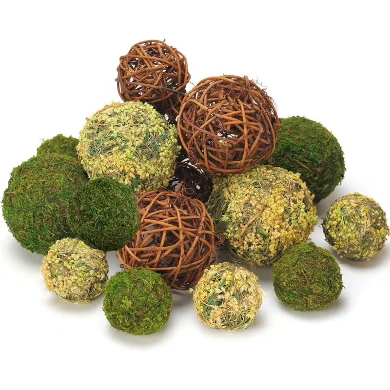 Decorative Balls for Centerpiece Bowls, 18pcs Fake Moss Balls + Wicker Rattan Balls Set Vase Bowl Filler for Home Garden Wedding Party Decor (Fresh Green + Rustic Brown)