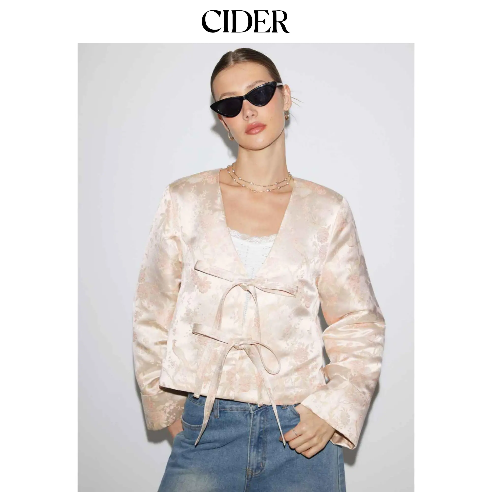 Cider Jacquard Floral V-neck Bowknot Tie Oversized Puffer SohoChic