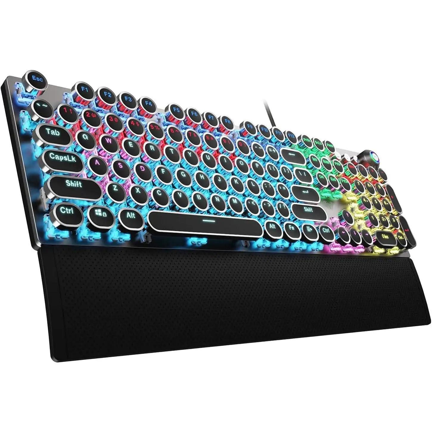 F2088 Typewriter Style Mechanical Gaming Keyboard Wired,Blue Switches,Rainbow LED Backlit,Removable Wrist Rest,Media Control Knob,Retro Punk Round Keycaps,USB Wired  Keyboard