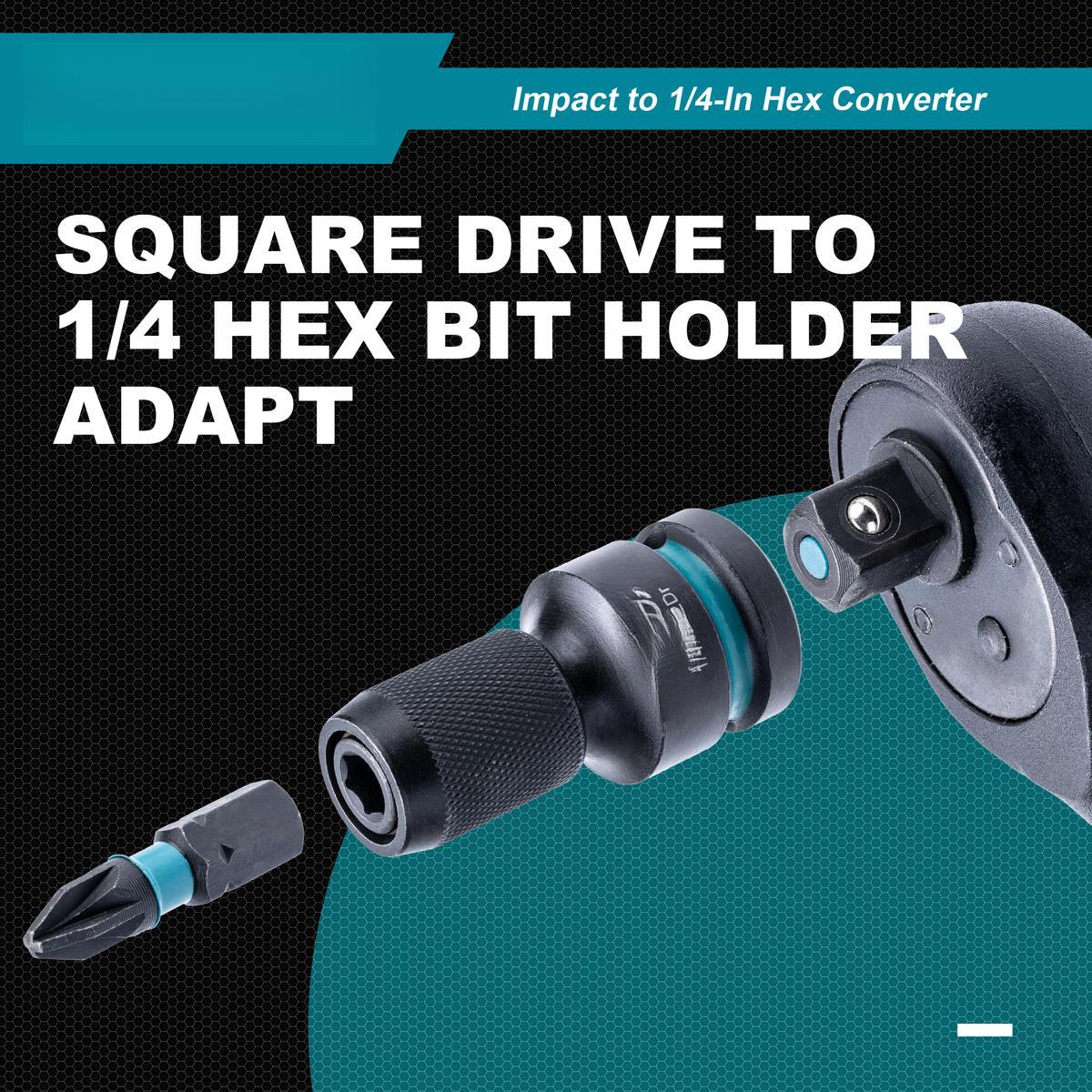 Impact to 1/4 Hex Converter, 1/2 3/8 1/4-INCH Drive Female to 1/4-Inch Hex Adapter, Impact Wrench Adapters for Ratchet Wrench Drivers, Impact Bit Holders, Quick-Change Chuck, Cr-Mo Steel