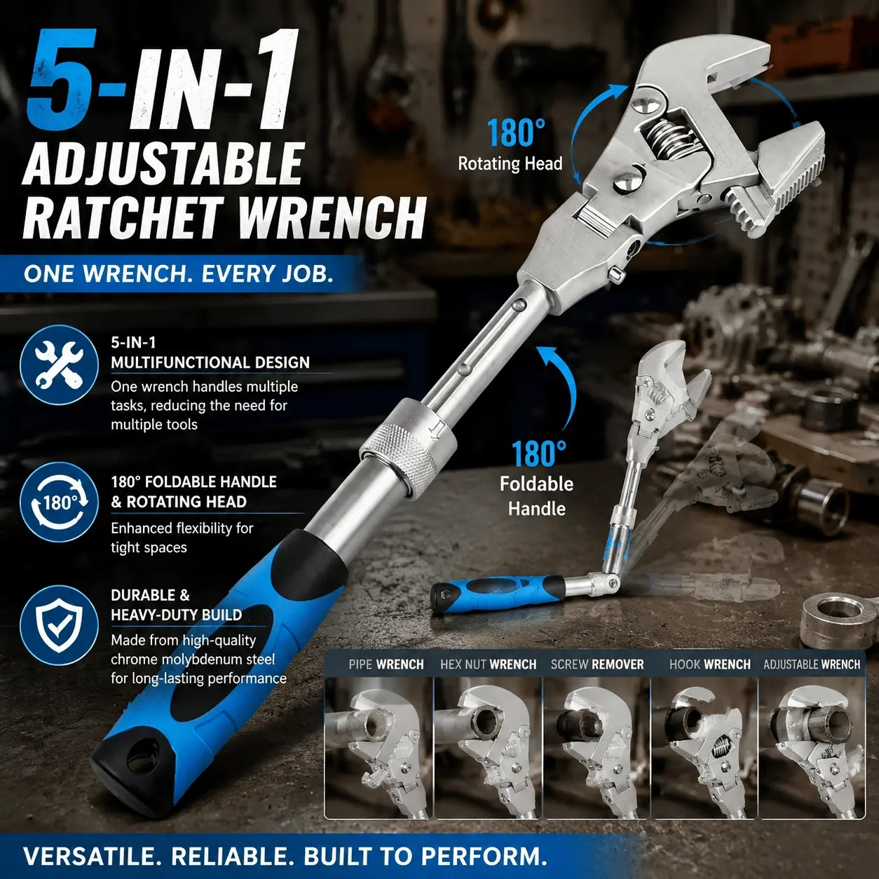 Professional Heavy-Duty Ratcheting Wrench Set, Multifunctional Ratchet Wrench, Ratchet Spanners, Stainless Steel Adjustable Spanner with Swivel Head & Extension Bar, Non-Slip Handle for Automotive Repair, Plumbing, Industrial and Home DIY Tool Kit