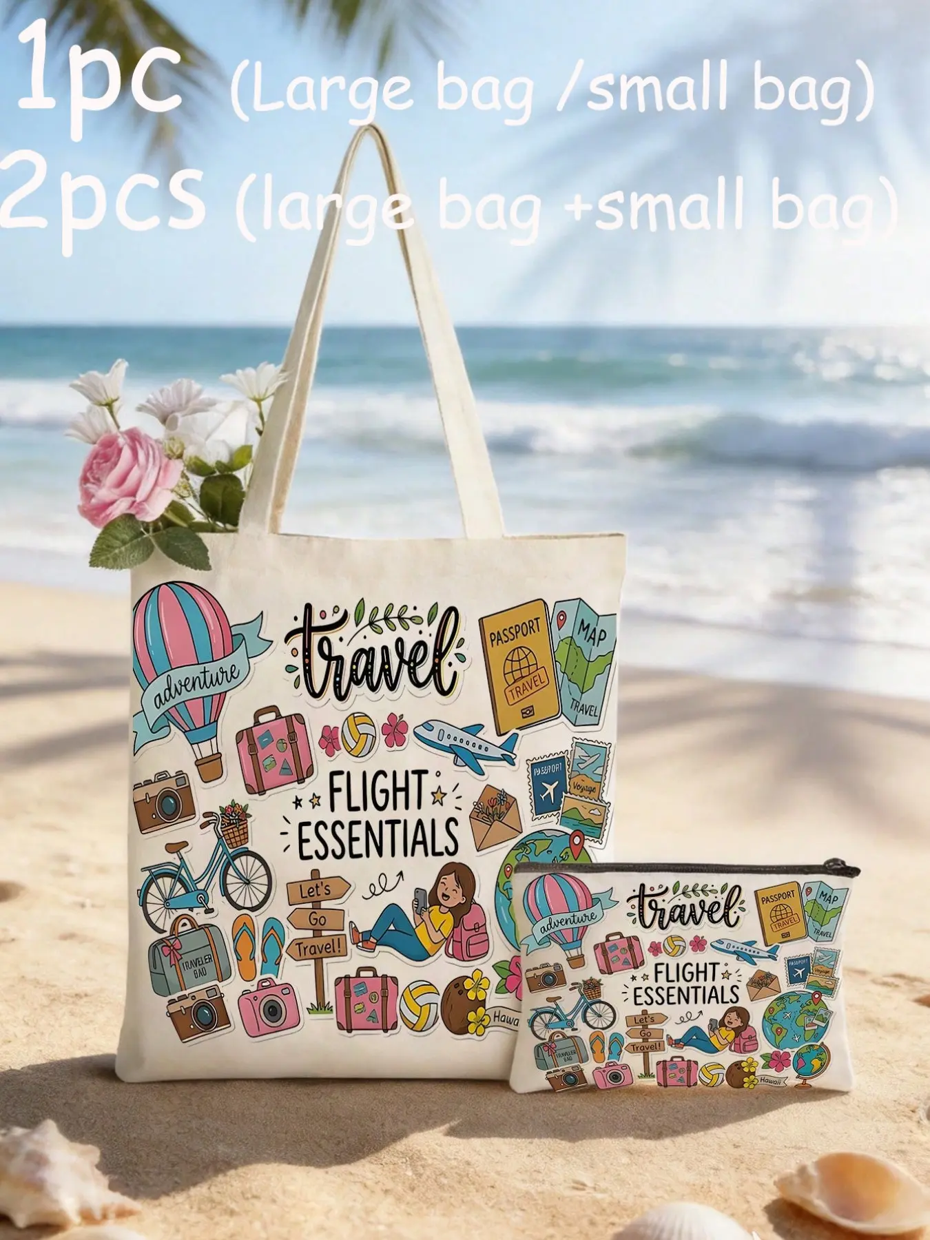 Cartoon Print Canvas Tote Bag, Large Travel Shoulder Bag with Mini Zipper Makeup Pouch, Reusable Handbag for Flight and Vacation