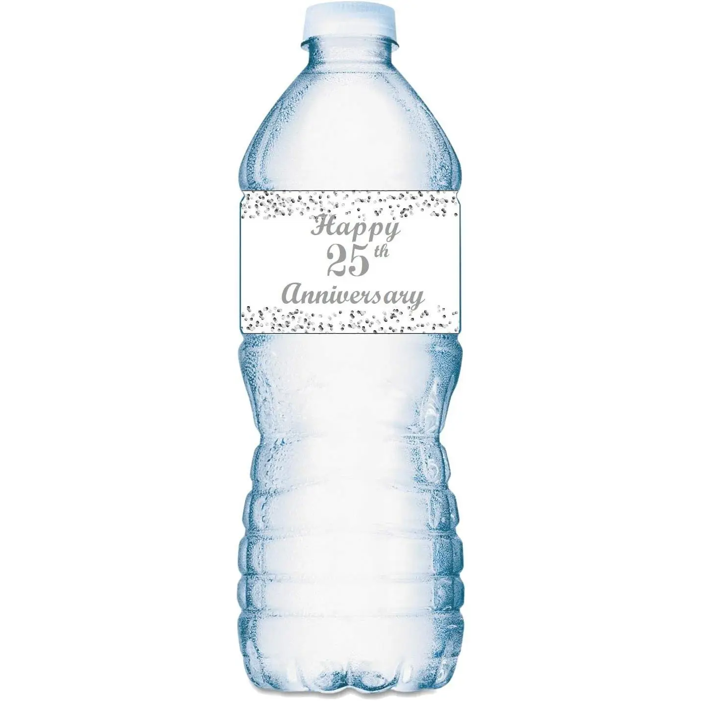 Happy 25th Anniversary Water Bottle Labels; Set of 25 Waterproof Wedding Anniversary Water Bottle Wrappers; Silver and White Stickers. Made in USA