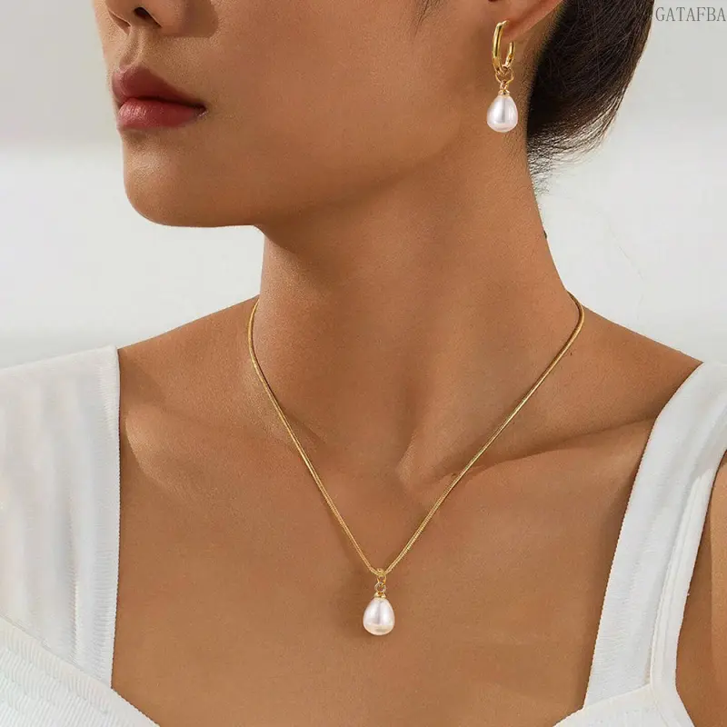 Women's Stainless Steel Freshwater Pearl Pendant Necklace & Earring Set, Minimalist Luxury Ins Style Unique Jewelry for Sports & Outdoor Activities