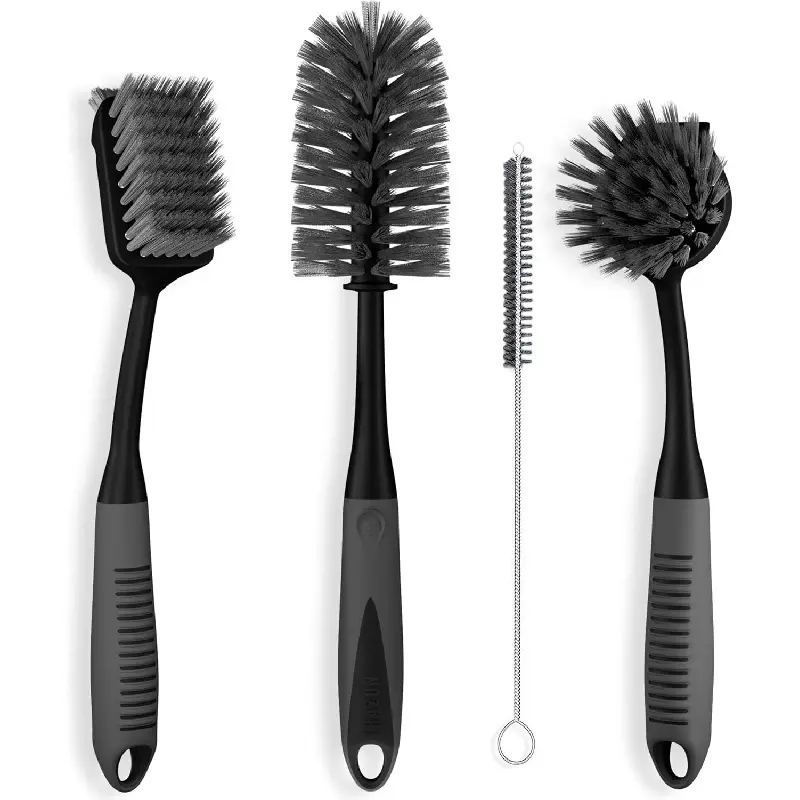 Dish Brush Set of 4 - Kitchen Scrub Brushes with Non-Slip Long Handle for Cleaning, Scrubber, Dishwashing, Dishes, Bottles, Straws, Cups, Pots & Sink, Black