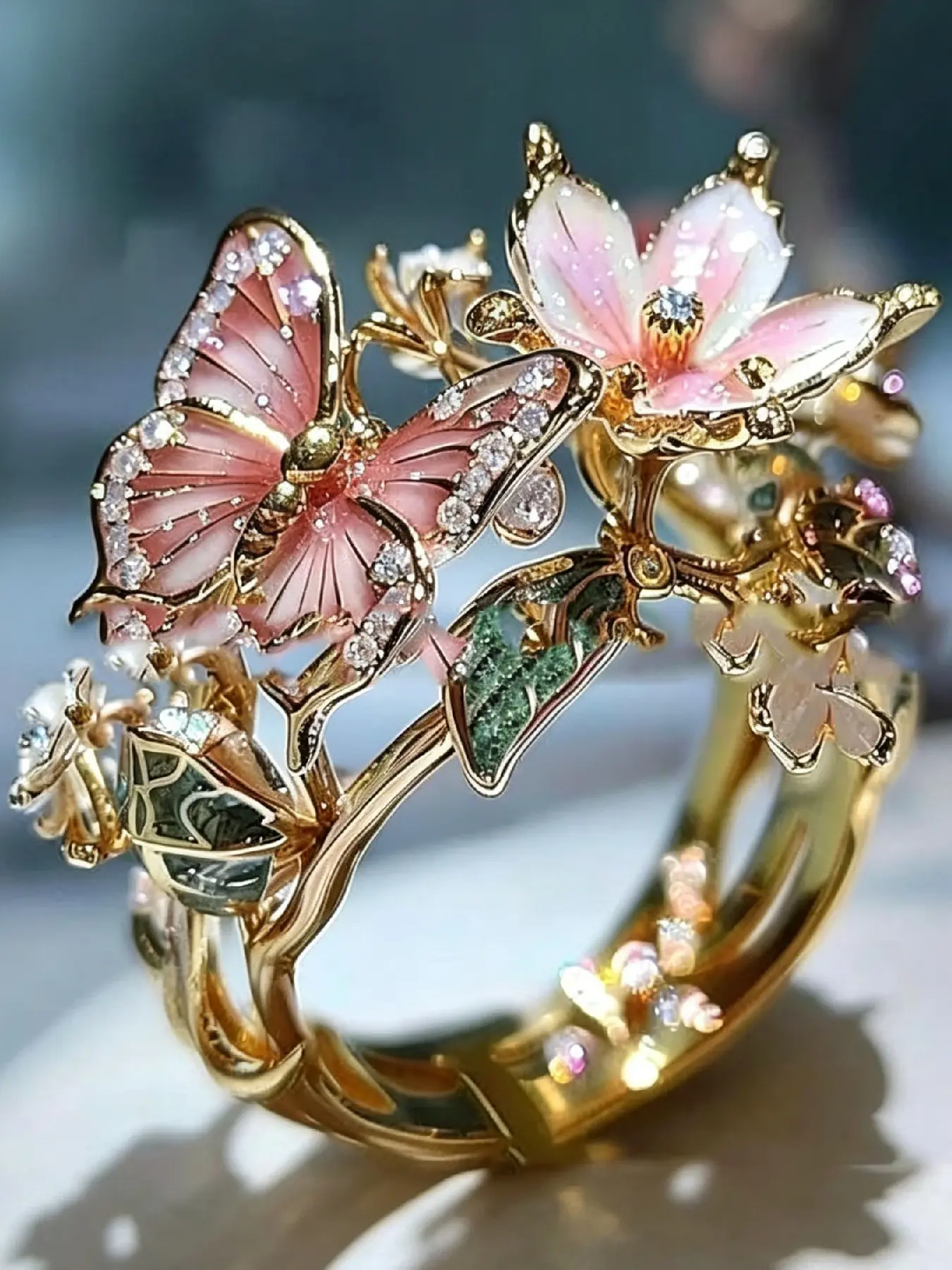 Butterfly Flower Ring for Women Vintage Enamel Flower Butterfly Finger Ring with Adjustable Opening Ring Sparkling Boutique Engagement Ring Christmas Birthday Party Prom Clothing Jewelry
