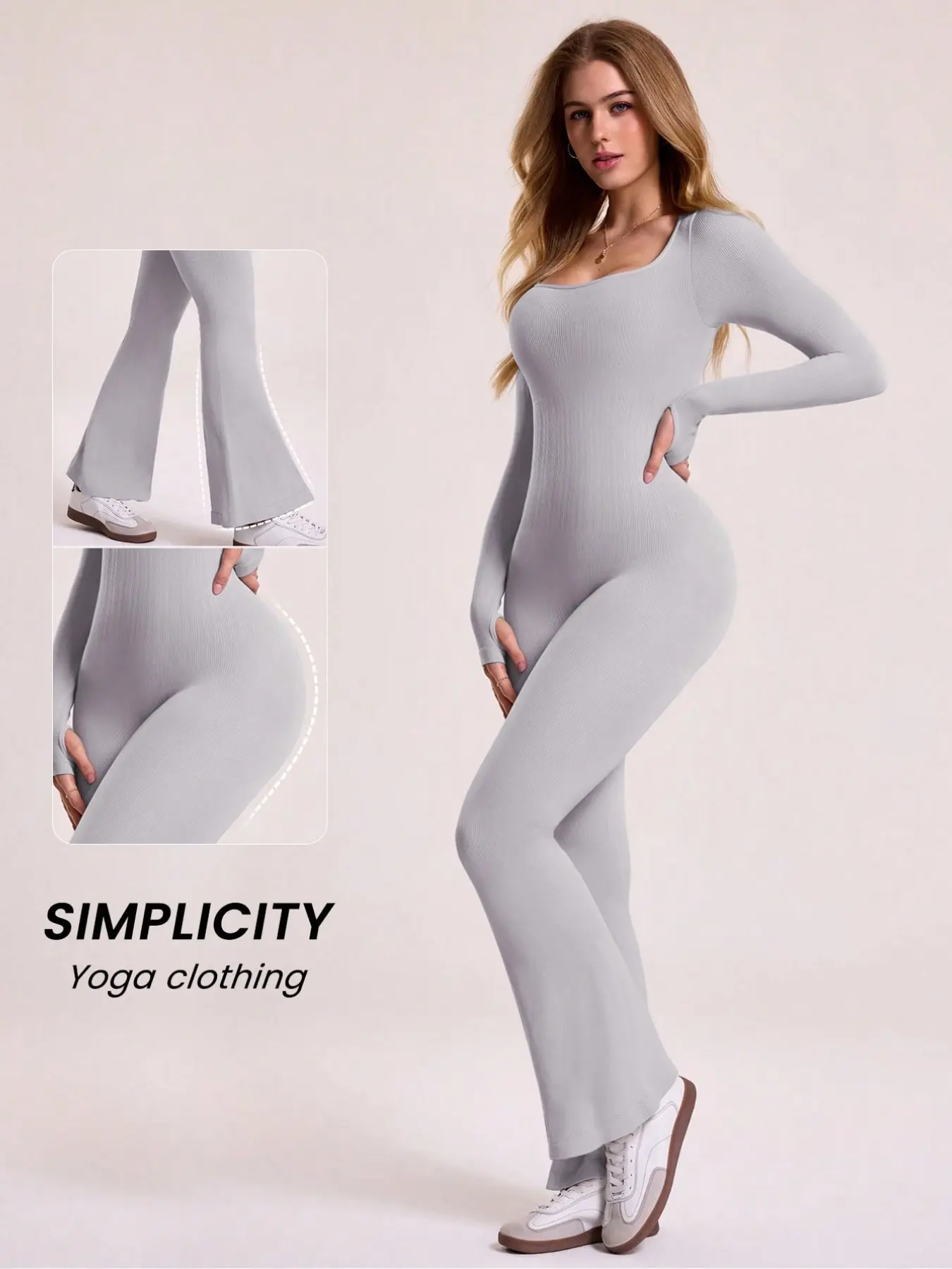 Ribbed Seamless Tummy Control Yoga Flare Jumpsuit with Thumb Hole