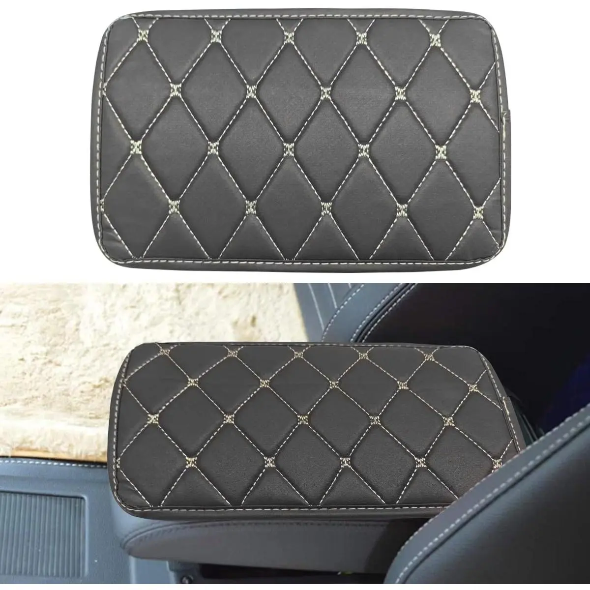 Leather Center Console Cover for ,  Arm Rest Box Protective Cover  Center Console Cushion Pad,  Middle Console Armrest Pad Cover for   (Black/Beige)