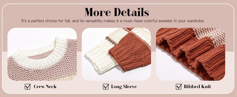 Saodimallsu Womens Color Block Sweater Striped Chunky Knit Cropped Sweaters Crewneck Fall Long Sleeve Loose Pullover Tops