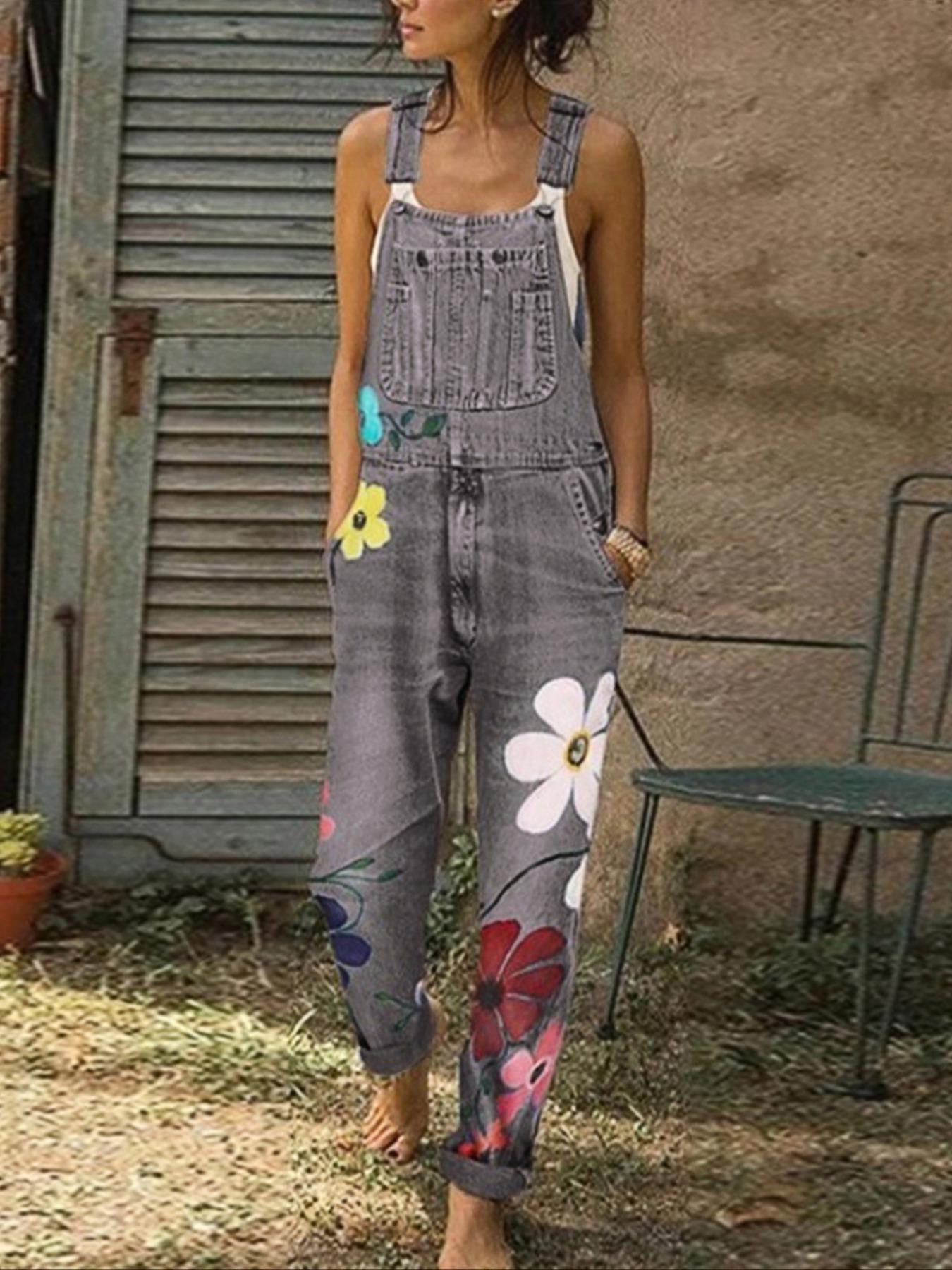Women's Denim Jumpsuits in Spring, Summer and Autumn, Fit Comfortable and Loose Flower Design with Multiple Pockets, Trendy Street Casual Style, Suitable for Women's Daily Travel, Casual Sleeveless Overalls