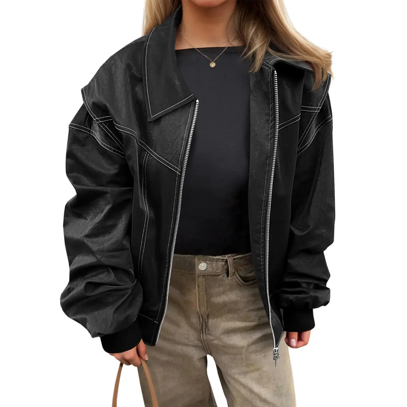 Womens Oversized Leather Bomber Jackets Cap Sleeve Zip Up Motorcycle Coats with Pockets