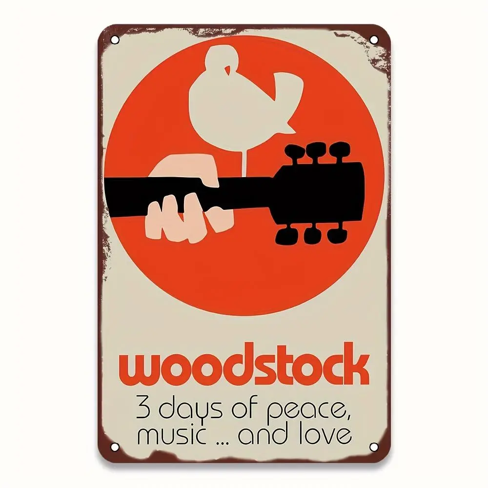 [2D Flat] Vintage Woodstock Metal Sign - Peace, Music & Love Theme Wall Decor, 8x12, Retro Style Home Decoration, Perfect for Living Room or Music Room, Music Decor