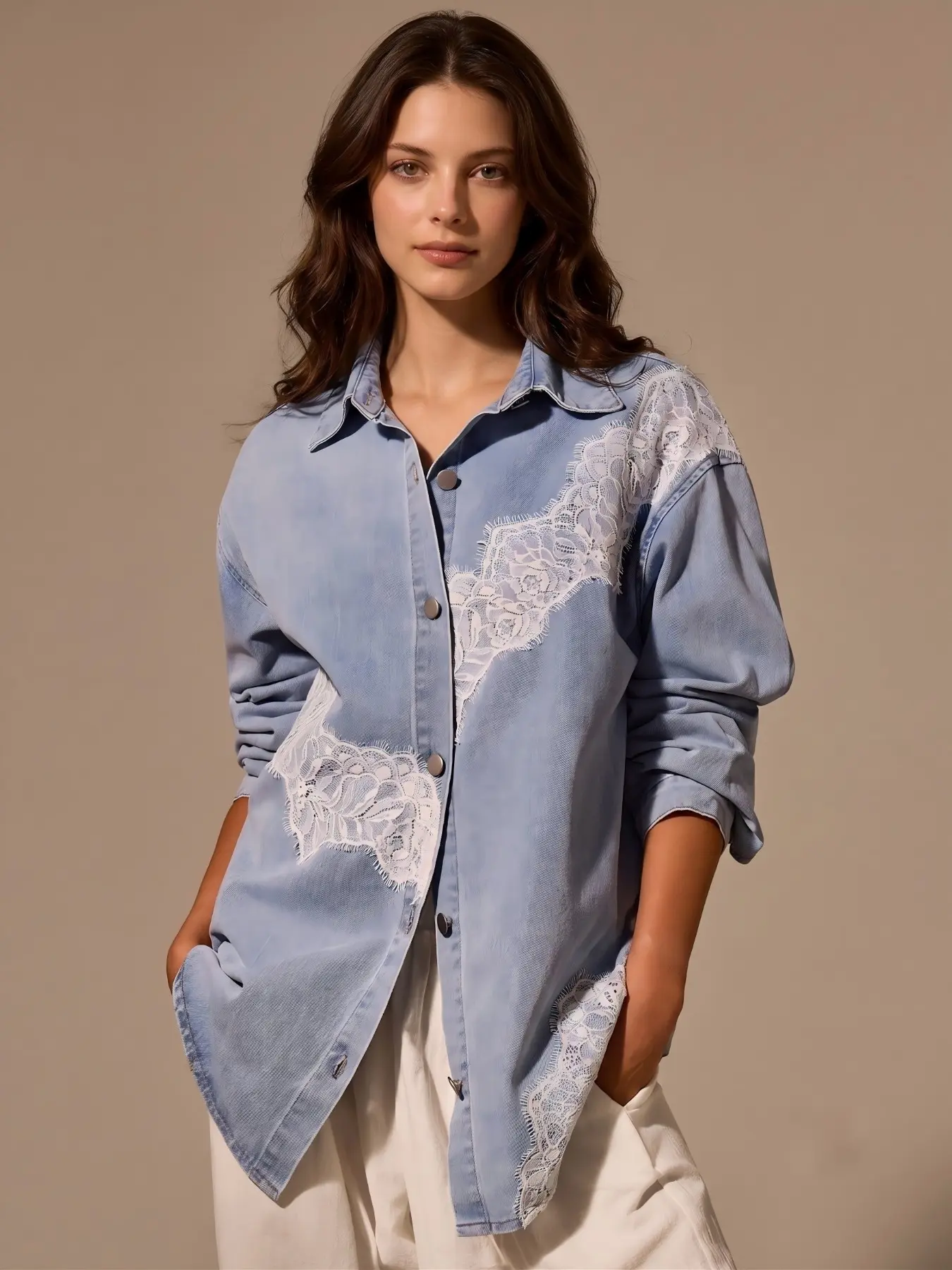 Women's Light Blue Denim Shirt, Long Sleeve Irregular Lace Patchwork Loose Fit Casual Jeans Top, Comfortable and Stylish