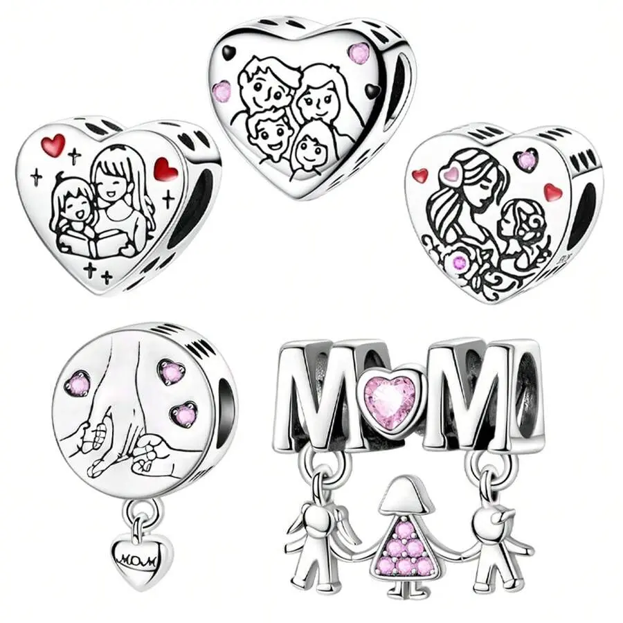 Mother's Day Charms For Bracelets Mom Heart Kids Silver Pendant DIY Jewelry Necklace Gift Family