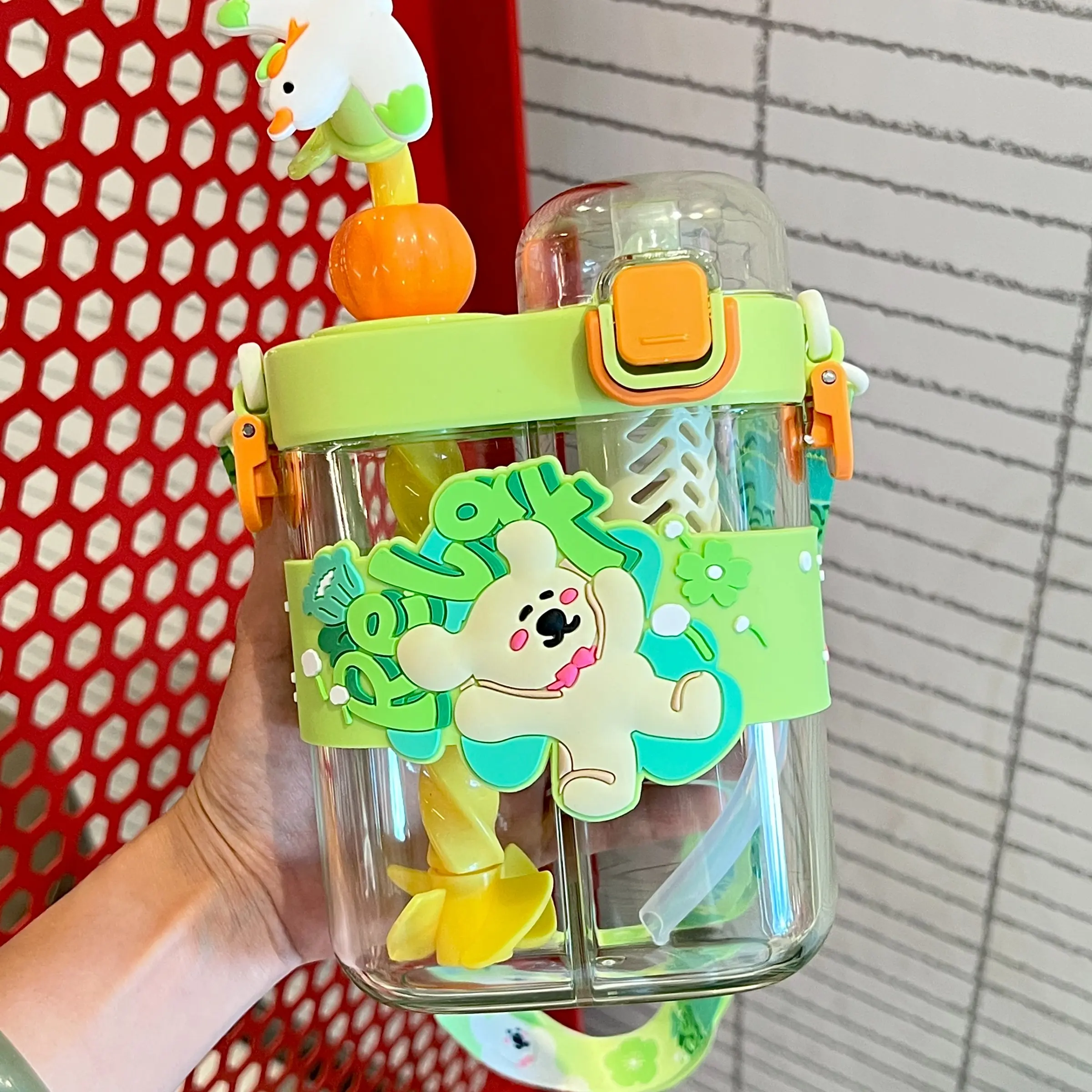 Double Drink Cup for Kids, Summer Cute Large Capacity Lightweight Portable High Aesthetic Partition Straw Cup, Water Bottle for Girls and Elementary Students