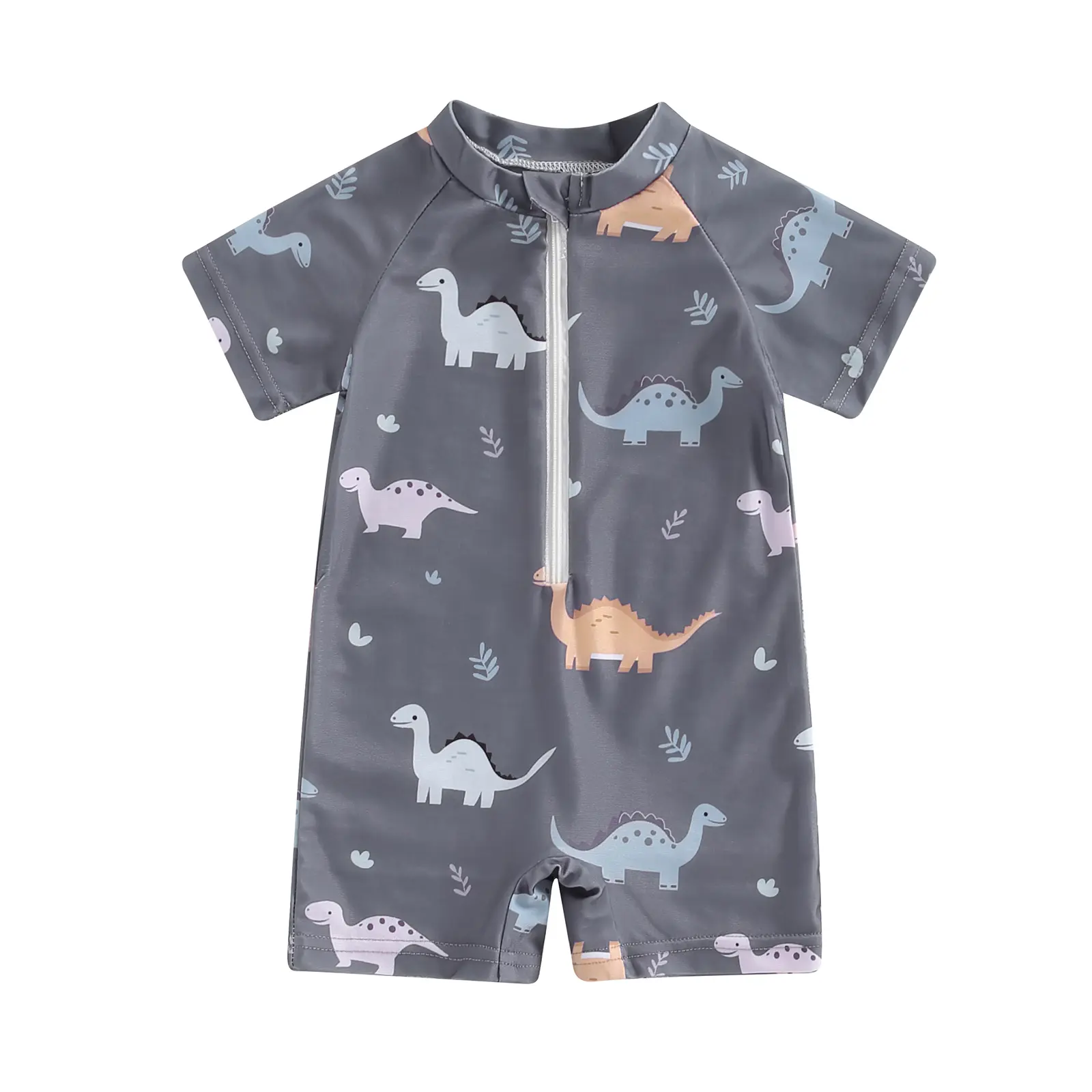 Newborn Baby Boy Girl Dinosaur Swimsuit Round Neck Half Zip Up Short Sleeve Rash Guard Swimwear Infant Bathing Suit