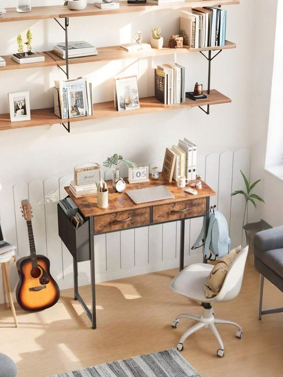 32 Inch Small Desk with Fabric Drawers, Vanity Table with Storage Drawer & Side Bag, Writing Desk for Bedroom, Study Room & Small Spaces, Compact Multi-Function Desk for Home Use