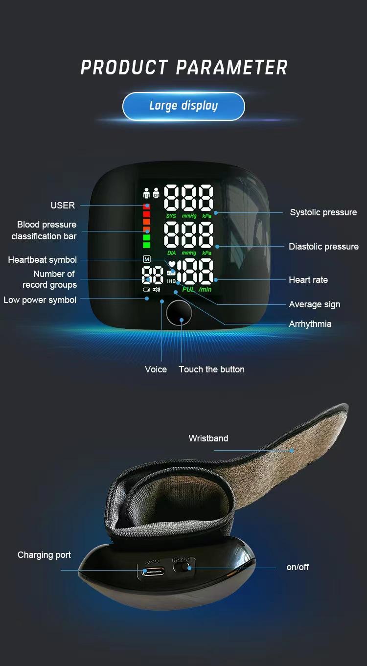 High-brightness touch screen LED rechargeable blood pressure monitor, home blood pressure monitor, wristband blood pressure monitor, digital blood pressure device, heart rate and pulse measuring instrument
