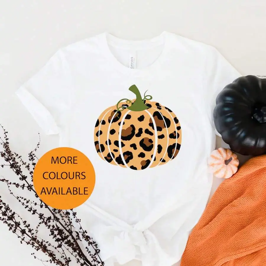 % Cotton Graphic Tees Pumpkin-Shirt, Halloween-Shirt, Leopard Print Pumpkin-Shirt, Halloween Costume, Halloween-Shirt Women, Funny Hall