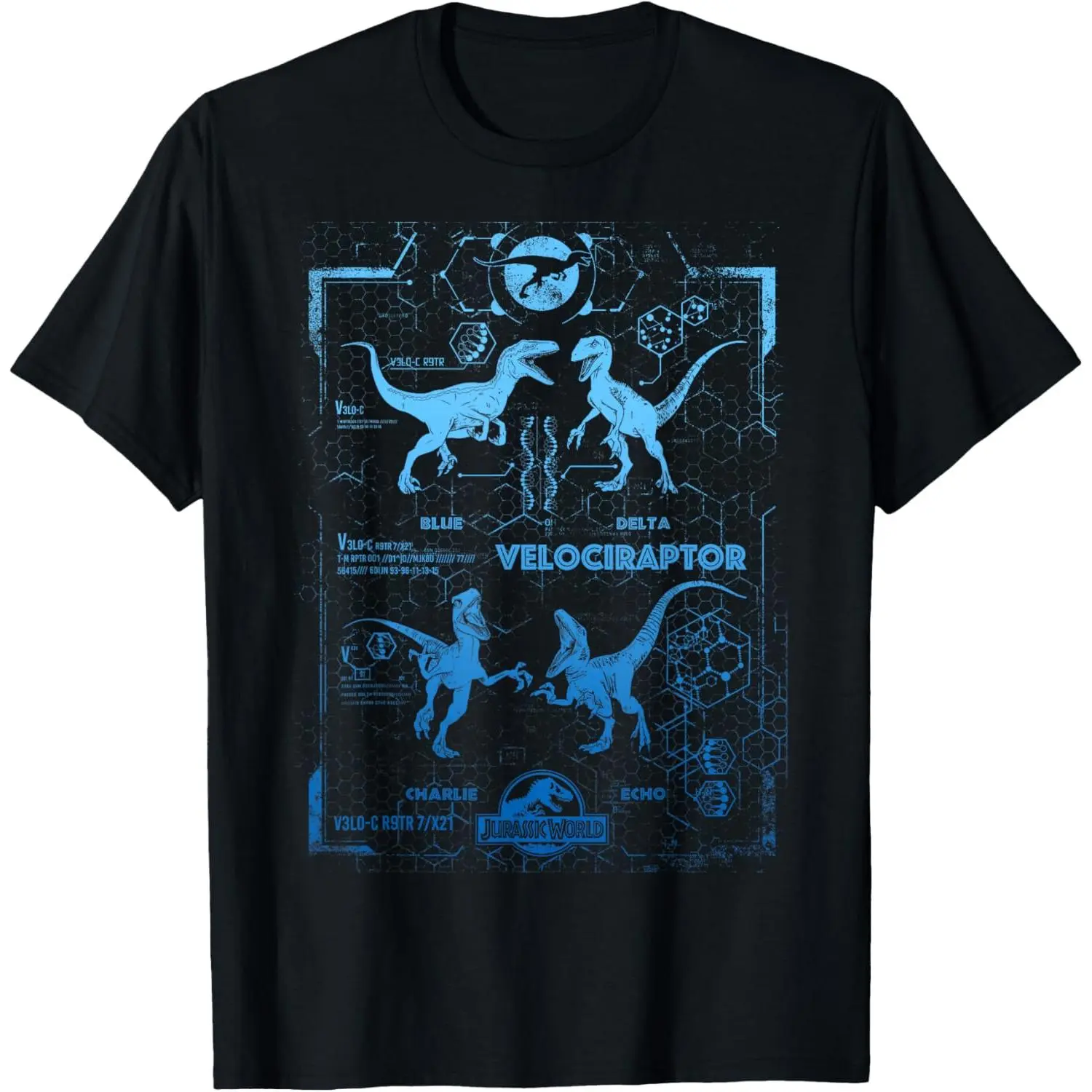 Jurassic World Velociraptor Four Pack Blue Delta Charlie Echo Blue Blueprint Hex Grid Industrial Tech Schematic Distressed Science Lab Drawing Movie Graphic T-Shirt Men Crew Neck Short Sleeve Black Tee Dino Fan Comic Convention Garage Tech Street Tops For