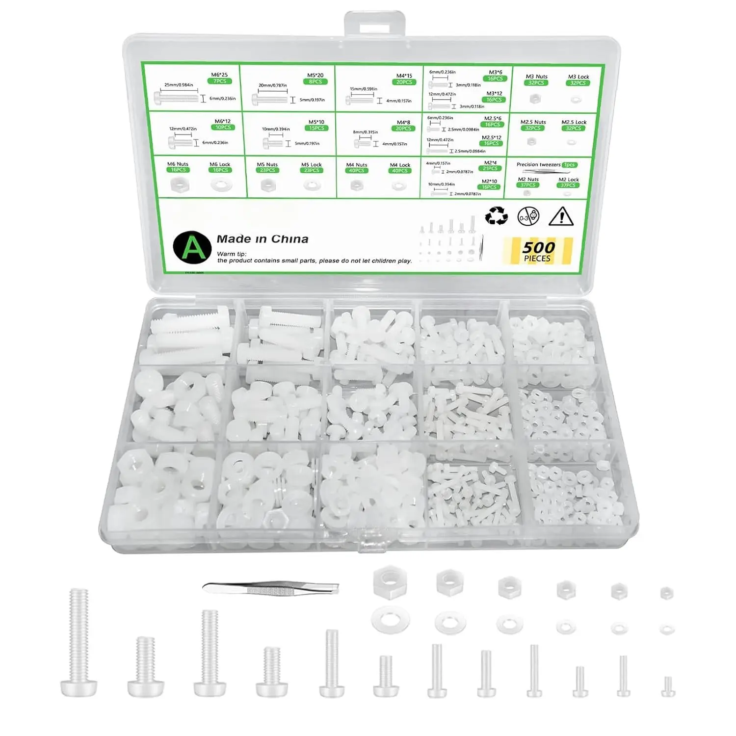 500 count Nylon Hex  Screws  and Nuts and Washers  Set | Metric Fully Threaded Set Screw Kit, M2 M2.5 M3 M4 M5 M6 for Electronics, Furniture & Household DIY Repair