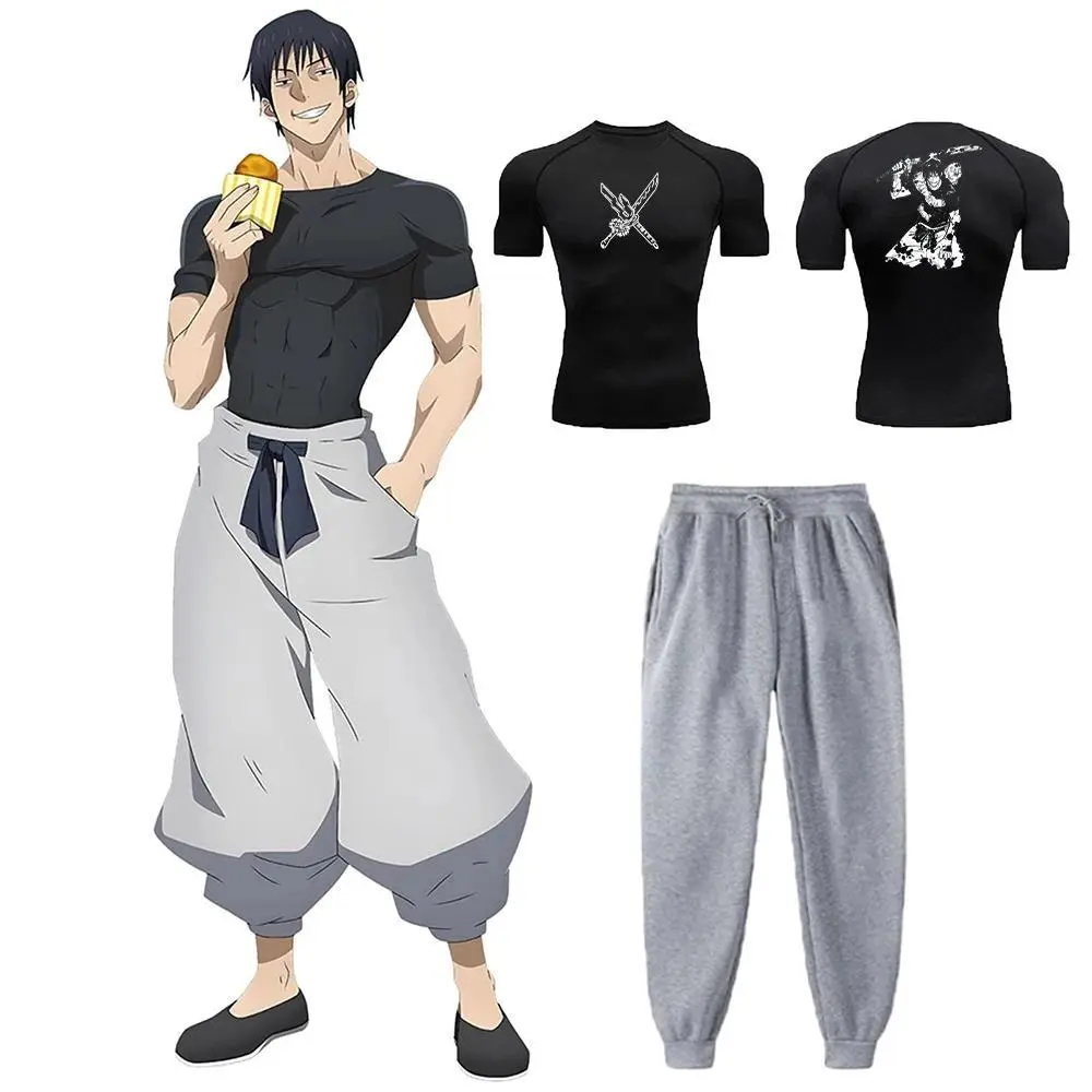 Men's Casual Workout Set, 2-Piece Jujutsu Anime Printed Polyester Compression Outfit with Short Sleeve T-Shirt and Shorts, Universal, houh390c blackgray1, T-Shirts, Unisex