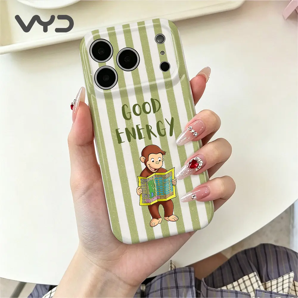 Little Monkey Holding City Map Flexible TPU Phone Case - Sage Green Vertical Stripe Accessory for iPhone 17 Pro Max,17 Air,17 Pro,16,15,14,13,12,11 Pro Max - Motivational Traveler Gift
