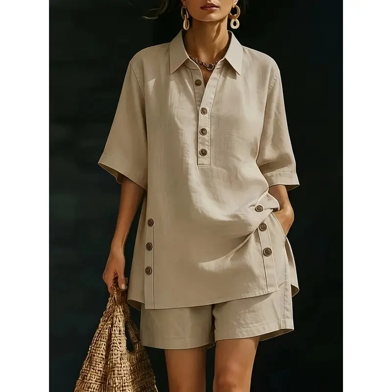 Women's 2-Piece Casual Daily Outfit Set, 2026 Spring Summer Short Sleeve Shirt & Loose Cut Trousers, Women's Clothes, Clothes, Polyester Knit (Note: Size Runs Small)