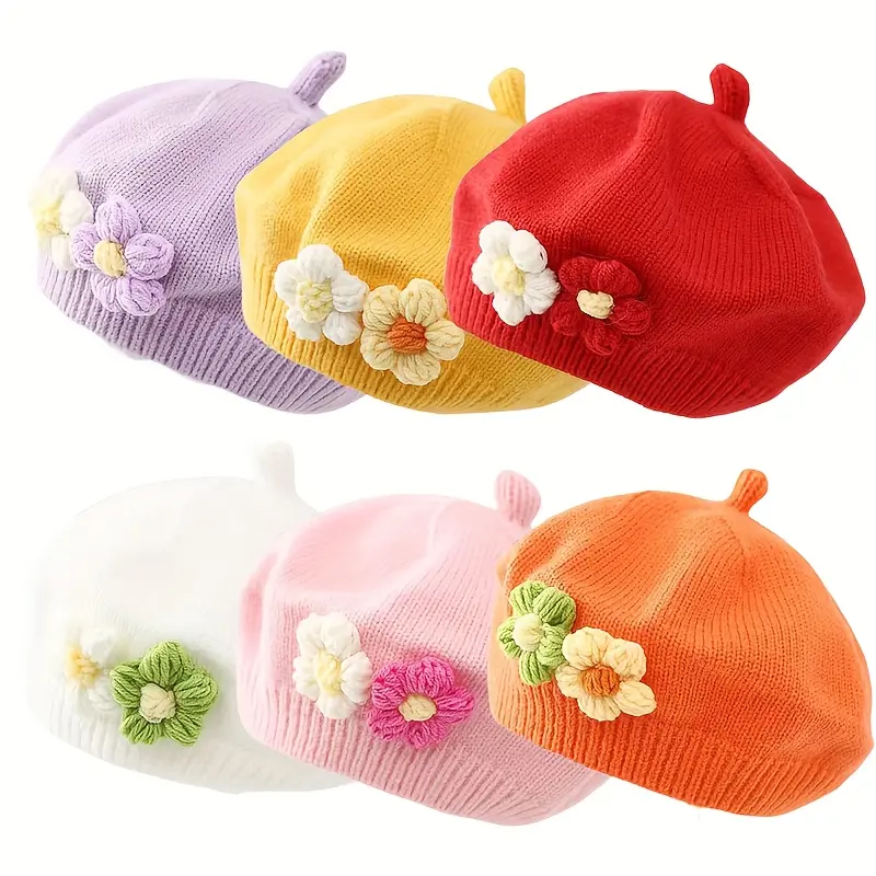 2pcs/Pack for 2pcs Baby Beret Hat - Stretch Fit Knitted French Beanie with Flower, Soft Winter Cap Suitable for 3-36months (0-3Years) Girls, Birthday Gift, to Toddler