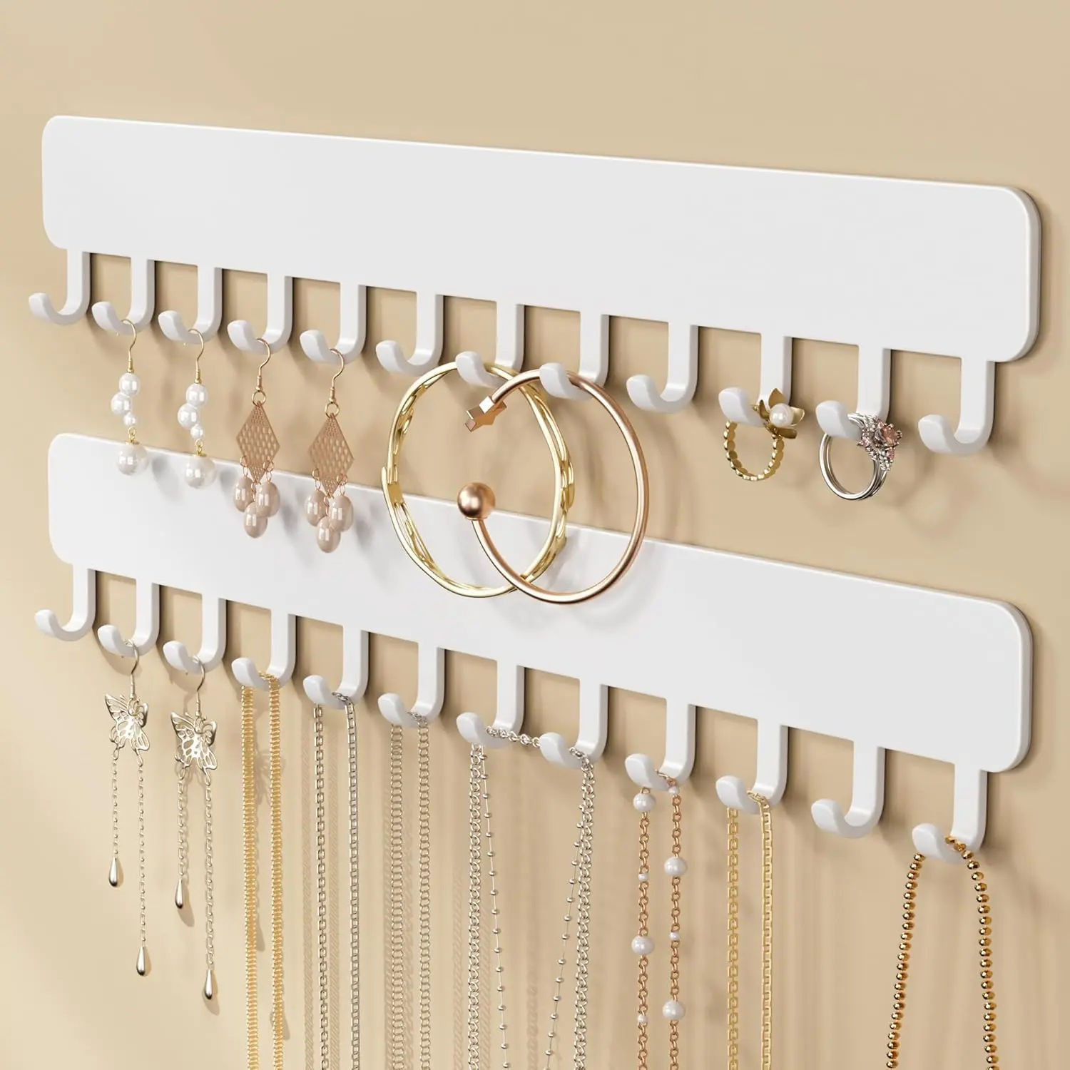 Wall-Mounted  Organizer, Self-Adhesive  Holder with Hooks for Necklaces, Bracelets, Earrings - Display Storage for Women, 2 count,White