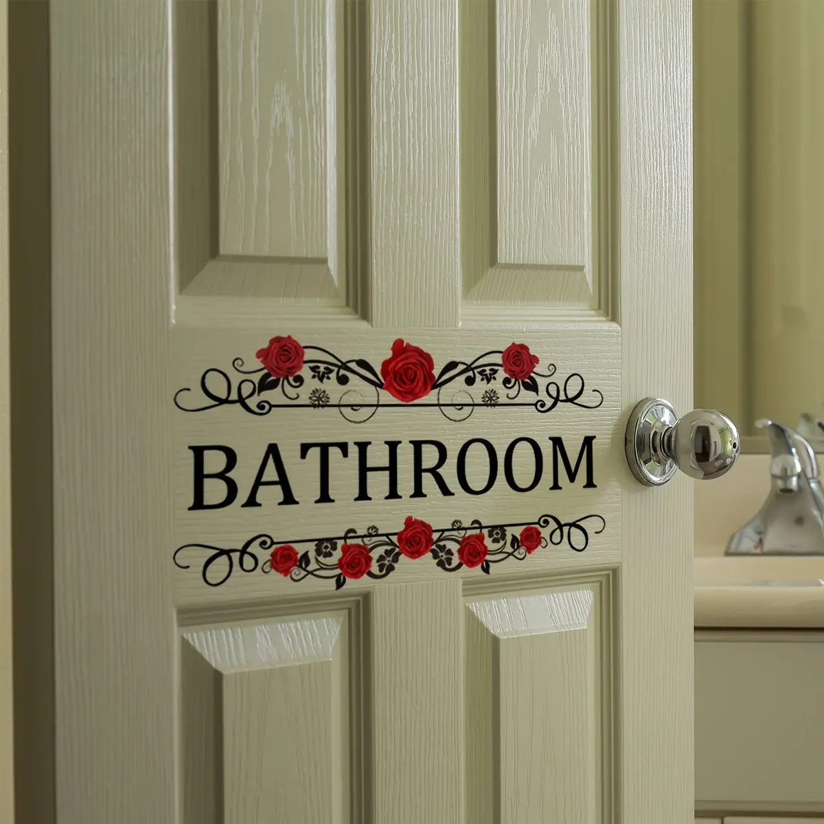 1 Set of 'BATHROOM' rose pattern stickers, Floral Stickers, bathroom door decoration reminder wall stickers, Adhesive decals, self-adhesive detachable waterproof DIY stickers, home decoration