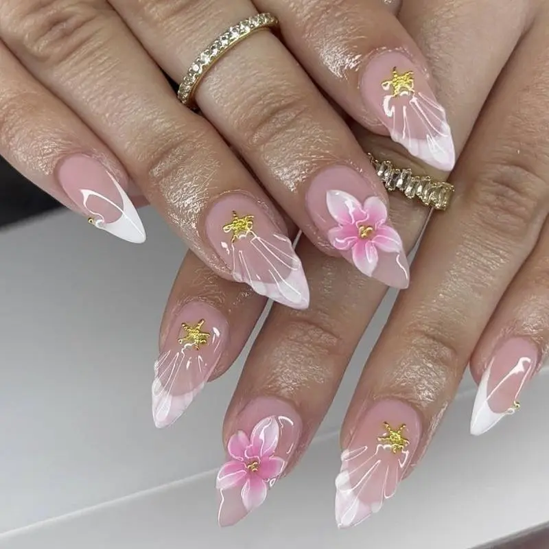 Reusable Almond-White French Tip Press-On Nails Set - Sports & Outdoor Accessory, Almond Shape, 3D Flower, Pearl, Starfish Decor, Natural-Look False Nails for Daily Wear, Beach Vacation, Bridal Events, Press-On Set