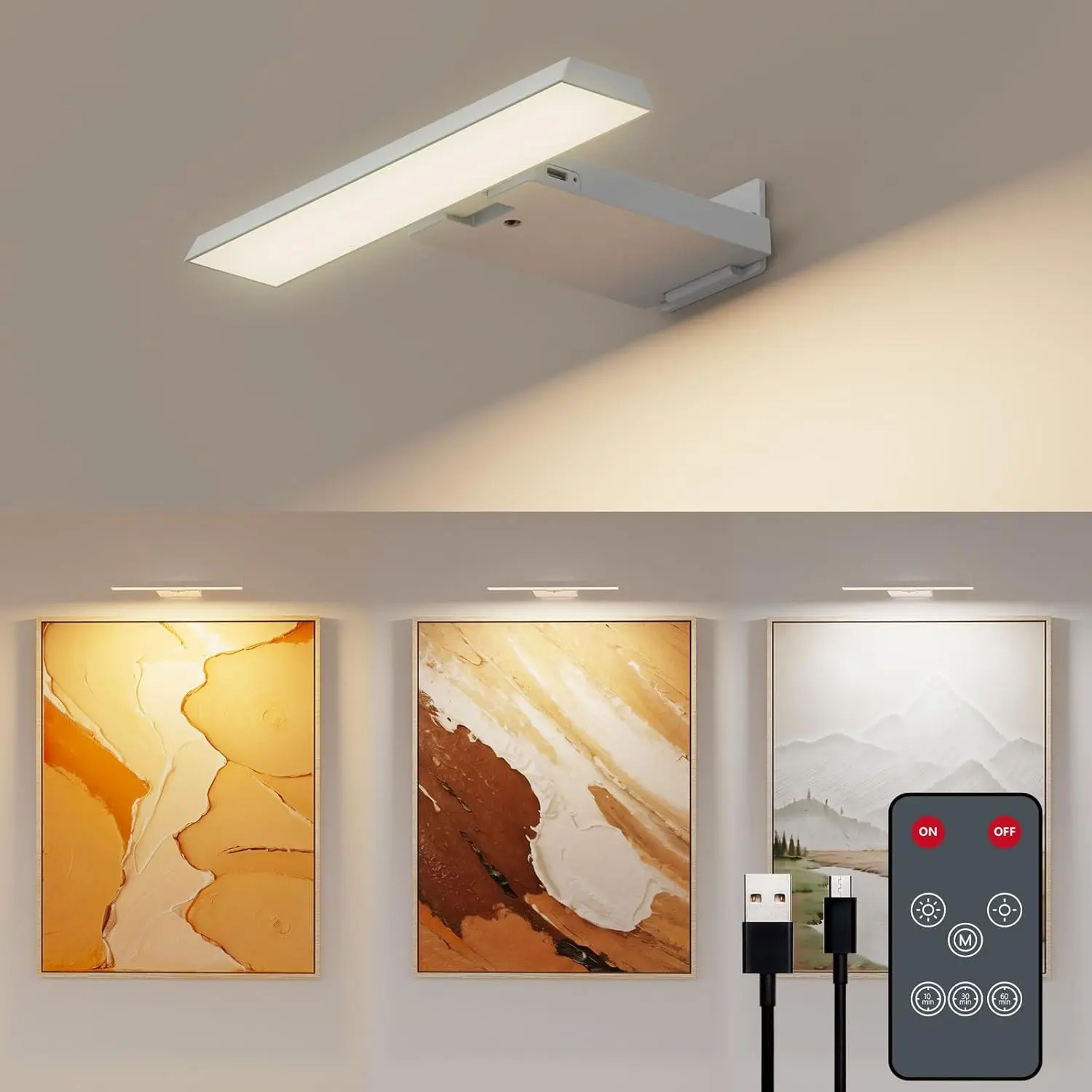 Picture Light for Wall, 6000mAh Rechargeable Wall Sconce with Remote & Timer, 3-Way Dimmable Art Lighting for Picture, Poster, Paintings, Gallery Decor