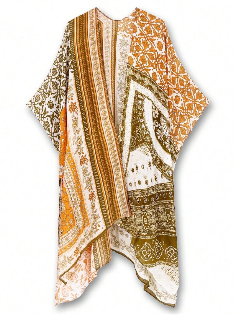 Women's Floral Print Drop Shoulder Cover Up, Casual Long Sleeve Split Hem Open Front Cover Up for Beach Holiday Vacation Outdoor, Ladies All Seasons Clothes, Swimsuit Cover Ups, Swimwear Cover Up