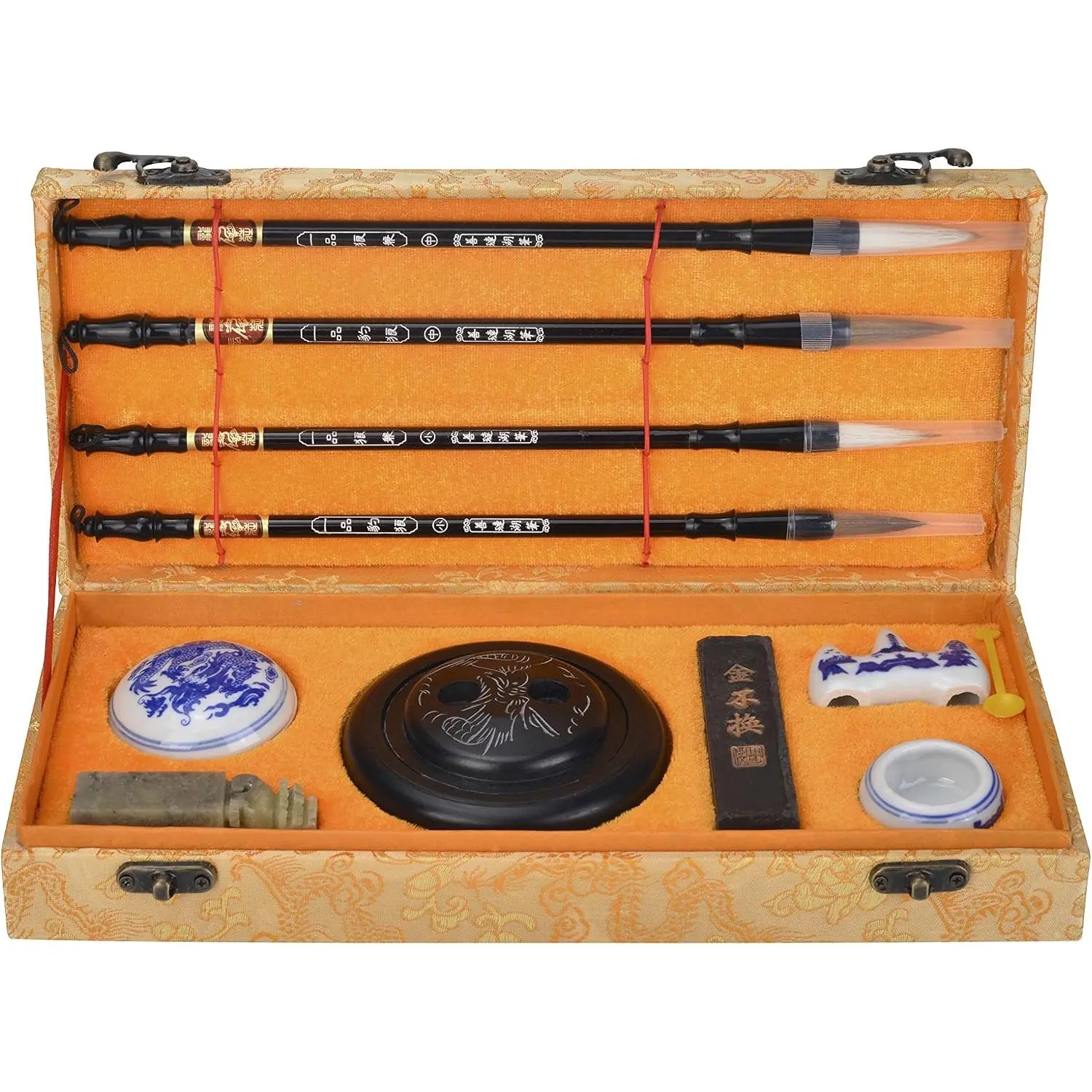 Chinese Calligraphy Set for Beginners with 4 Brushes, Ink Stone, Ink Stick, Red Ink Paste, Seal, Porcelain Water Bowl, Brush Holder, Calligraphy Kits for Beginners and Sumi Painting