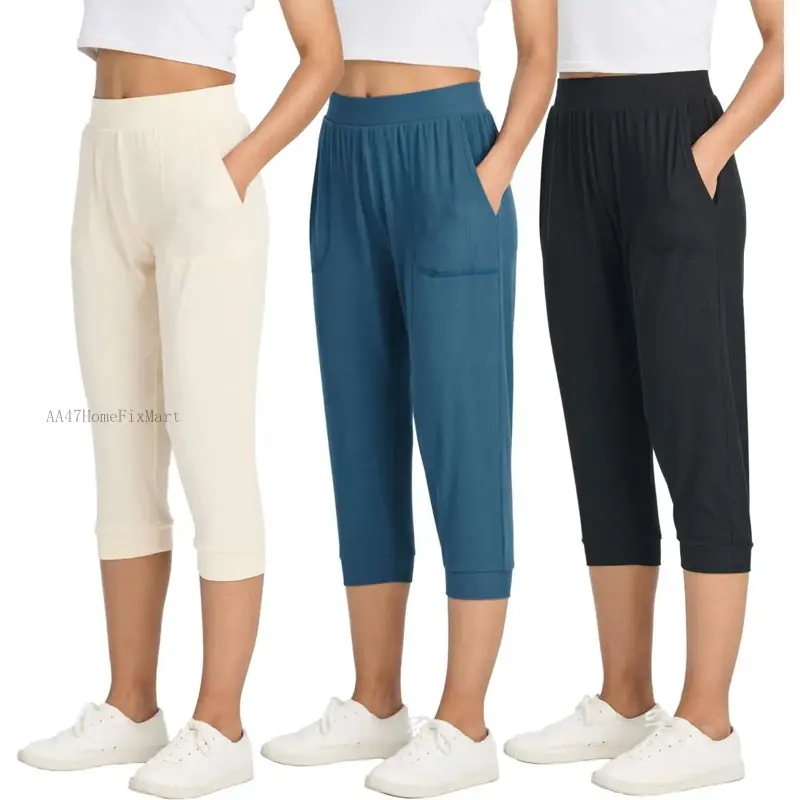 3 Pack: Women's Ribbed Capri Jogger Lounge Sweatpants with Pockets Yoga Workout (Available in Plus Size)AA47HomeFixMart