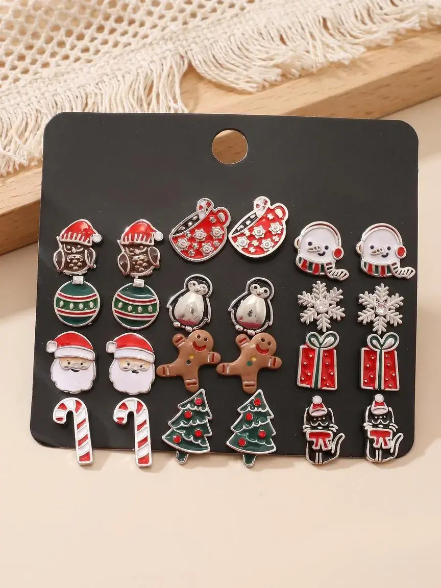 12 Pairs Fashion Holiday Gift Christmas Santa Gingerbread Man Tree Snowman Stud Earrings Set, Sexy Style, All Seasons, No Choking Hazard