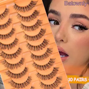10 Pairs Cat Eye False Eyelashes, Natural Fiber Long Lashes, Transparent Band, Cross Design, Trimmable, Independent Cluster Effect 15mm