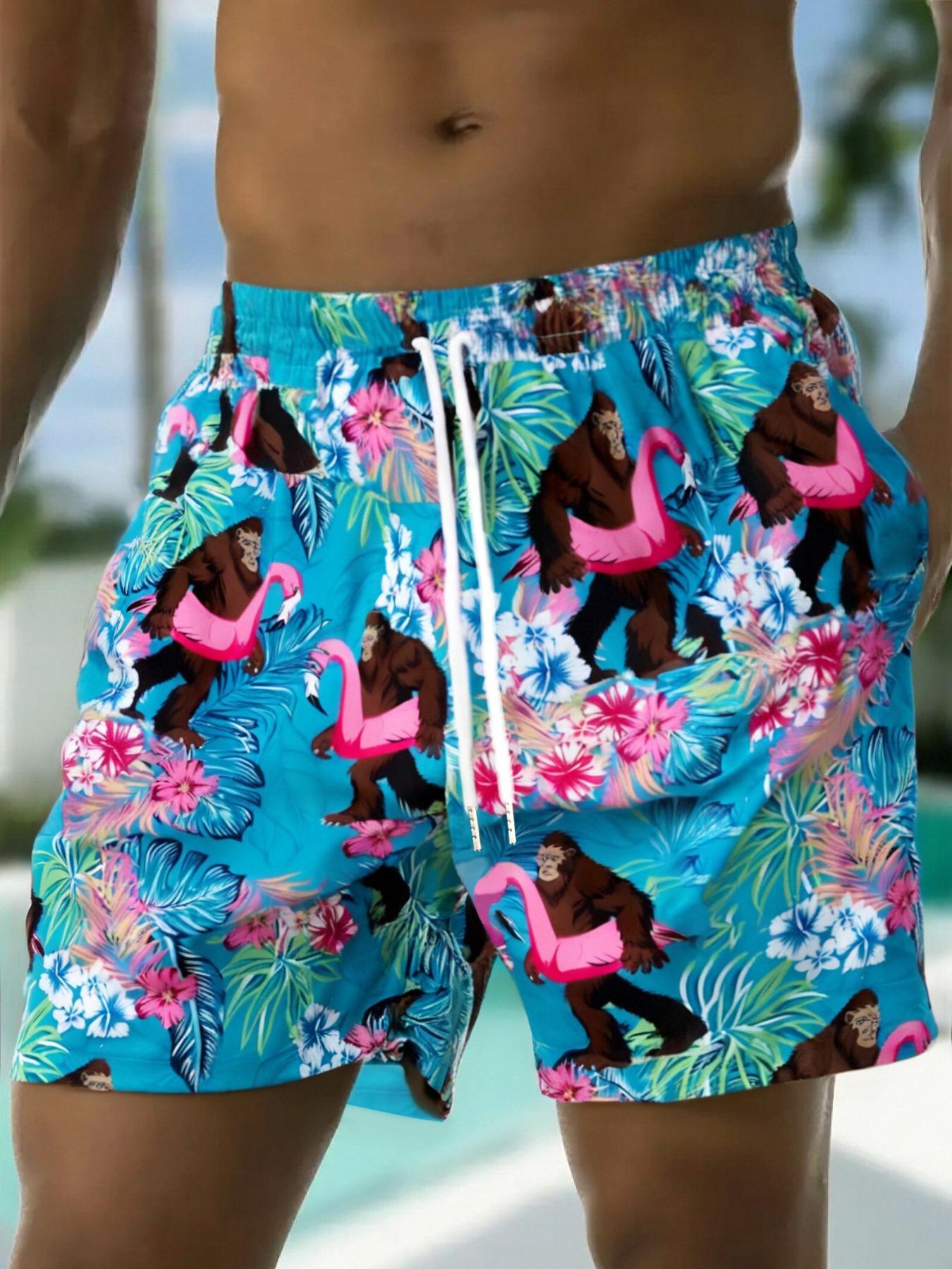 Men's Monkey & Flamingo Print Boxer Brief Swim Trunks, Regular Fit Casual Comfy Swim Shorts for Summer, Men's Swimwear for Beach Vacation
