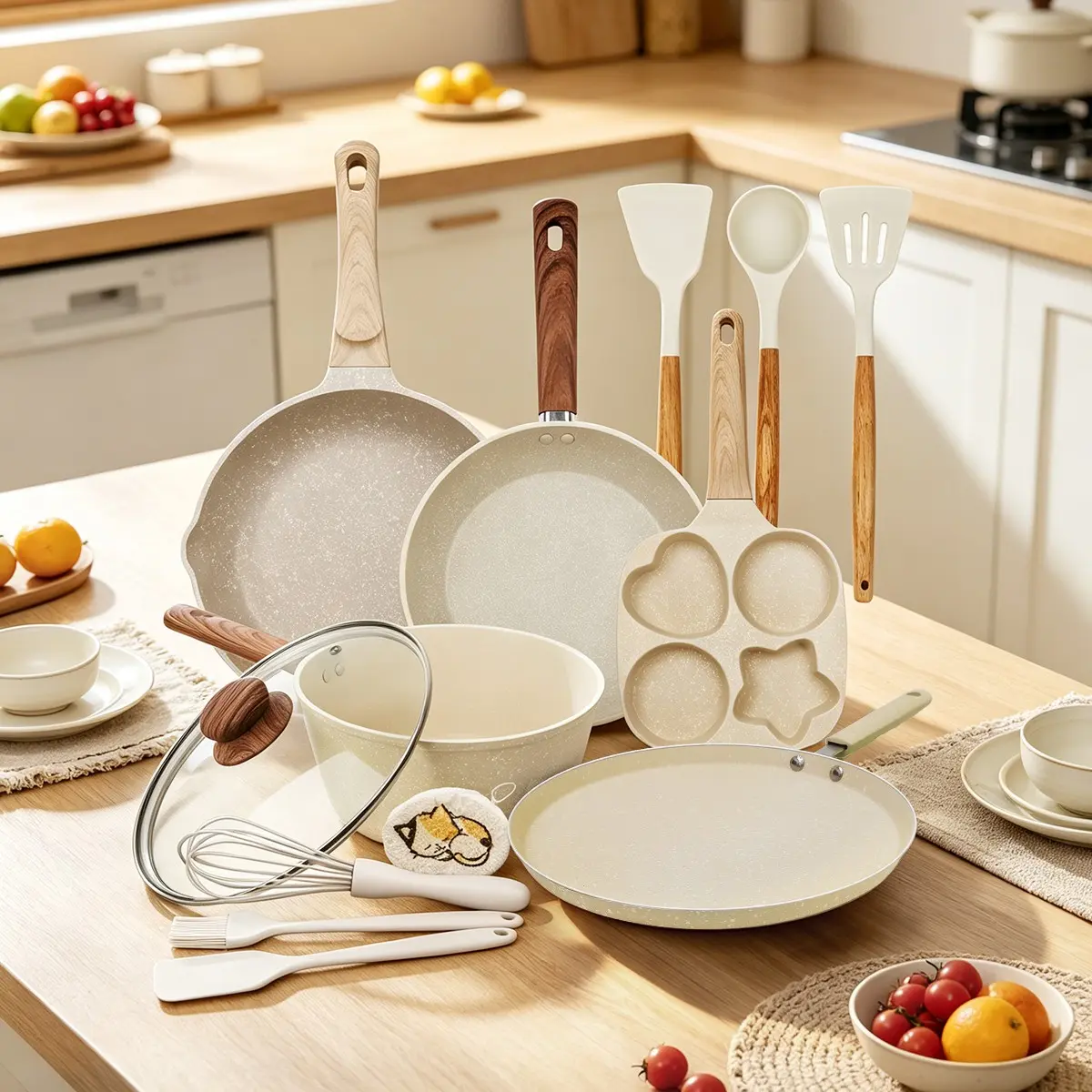 12pcs Nonstick Cookware Set, All Stoves Compatible, Complete Kitchen Pan Set, Includes Silicone Utensils, Durable & Easy-To-Use
