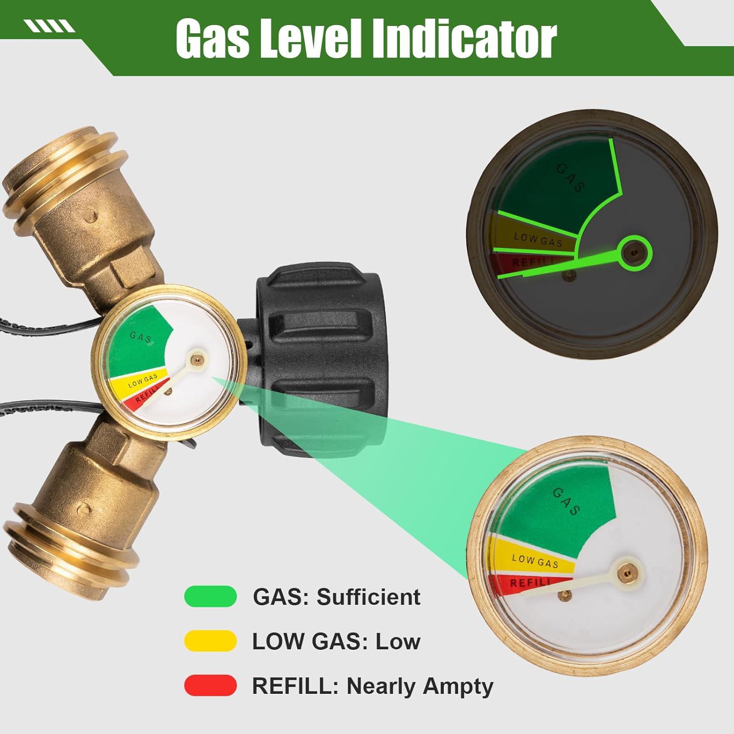 Propane Tank Y Splitter with Gauge and Shut-Off Valve, 2 Way Splitter Adapter Fitting for Gas Grills, Heaters, Camping Stoves, BBQ Griddles, Gas Burners